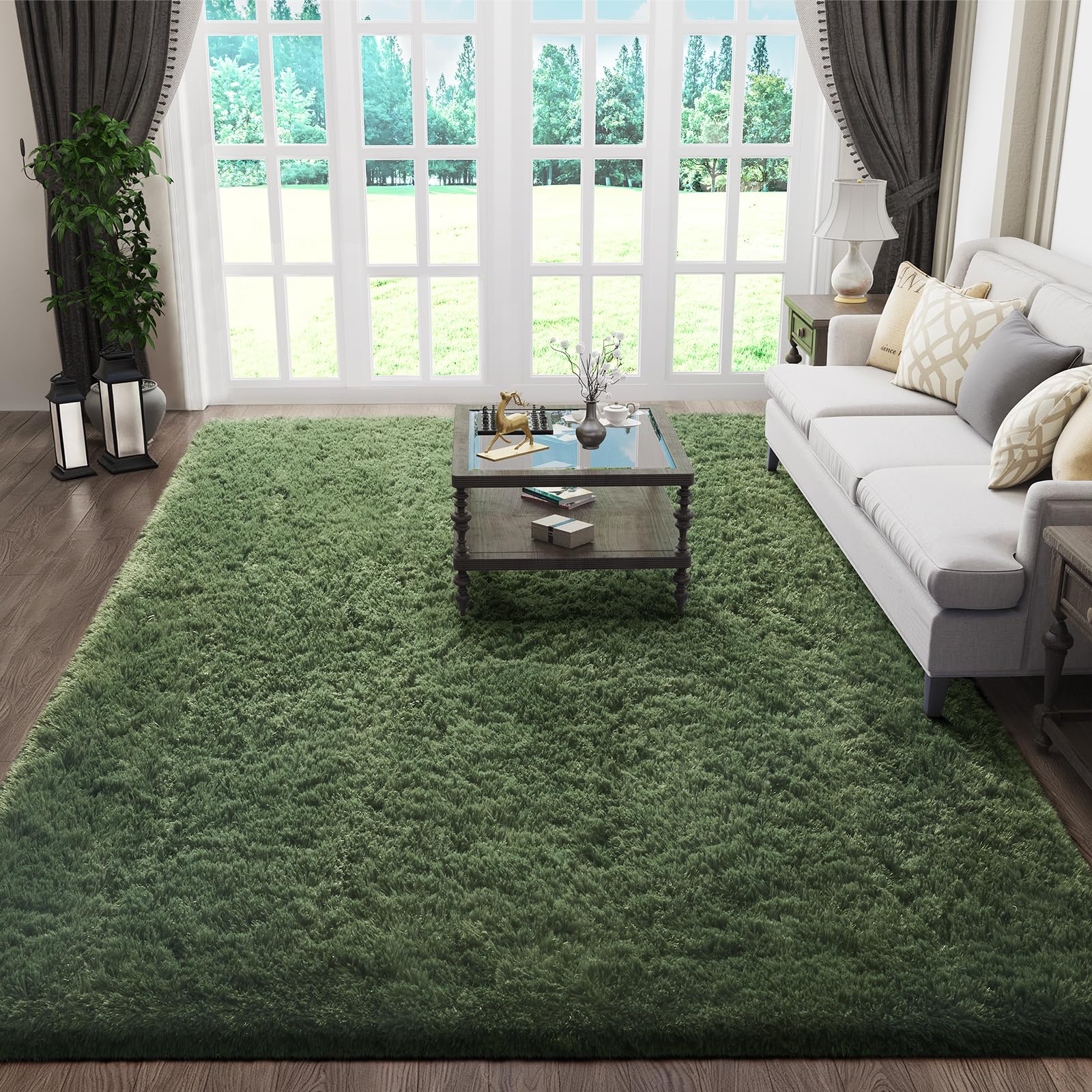 Ophanie Gray Green Rugs for Living Room 5x8,Grass Shag Fluffy Large Fuzzy Plush Soft Carpets,Floor Shaggy Area Rugs for Bedroom,Carpet for Kids Boys Girls Dorm Decor with Over 99 pcs Pile fibers
