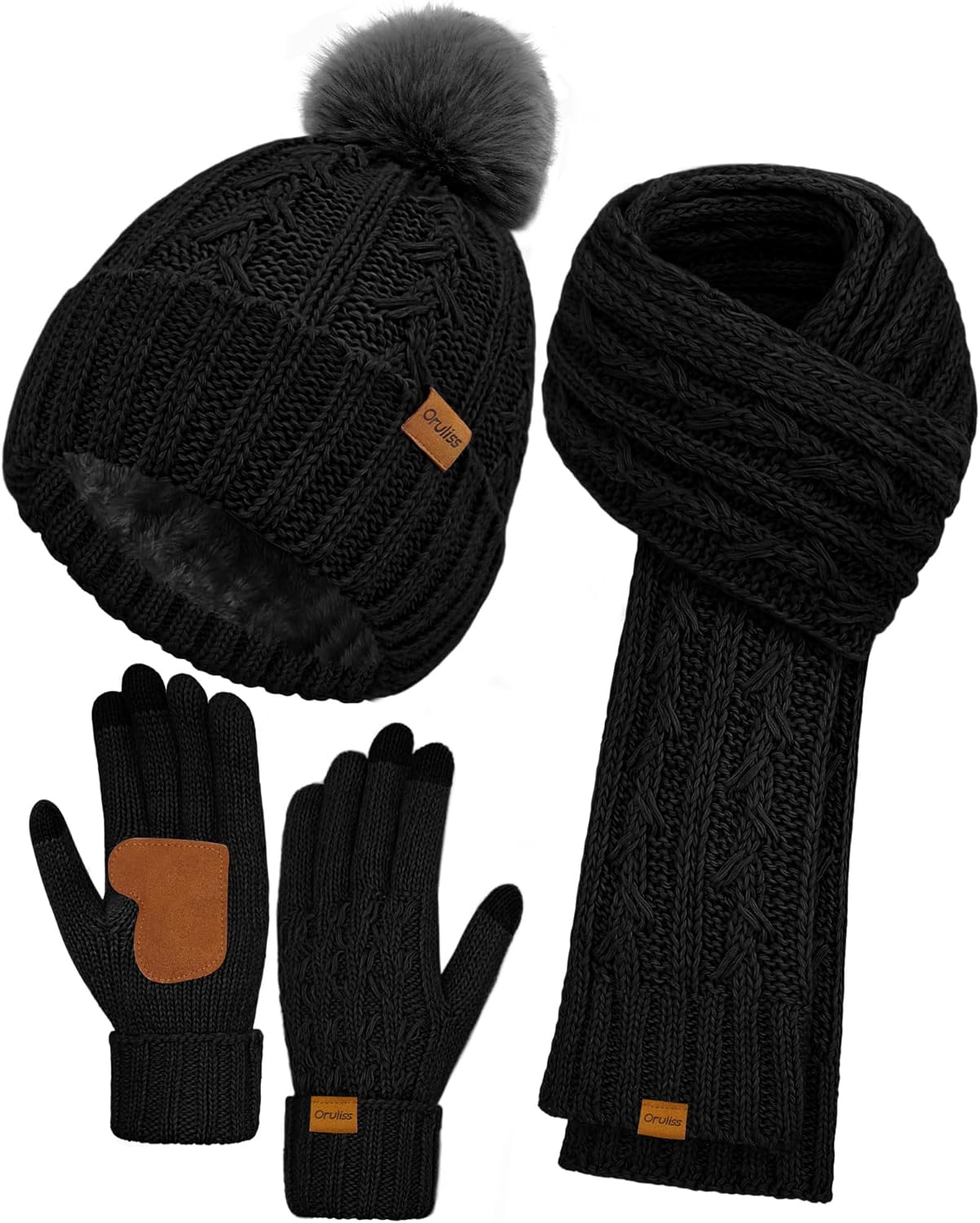 Womens Winter Beanie Hat Scarf Gloves Set, Fleece Lined Knitted Hat with Pompom Long Scarf Touchscreen Mittens for Women Men