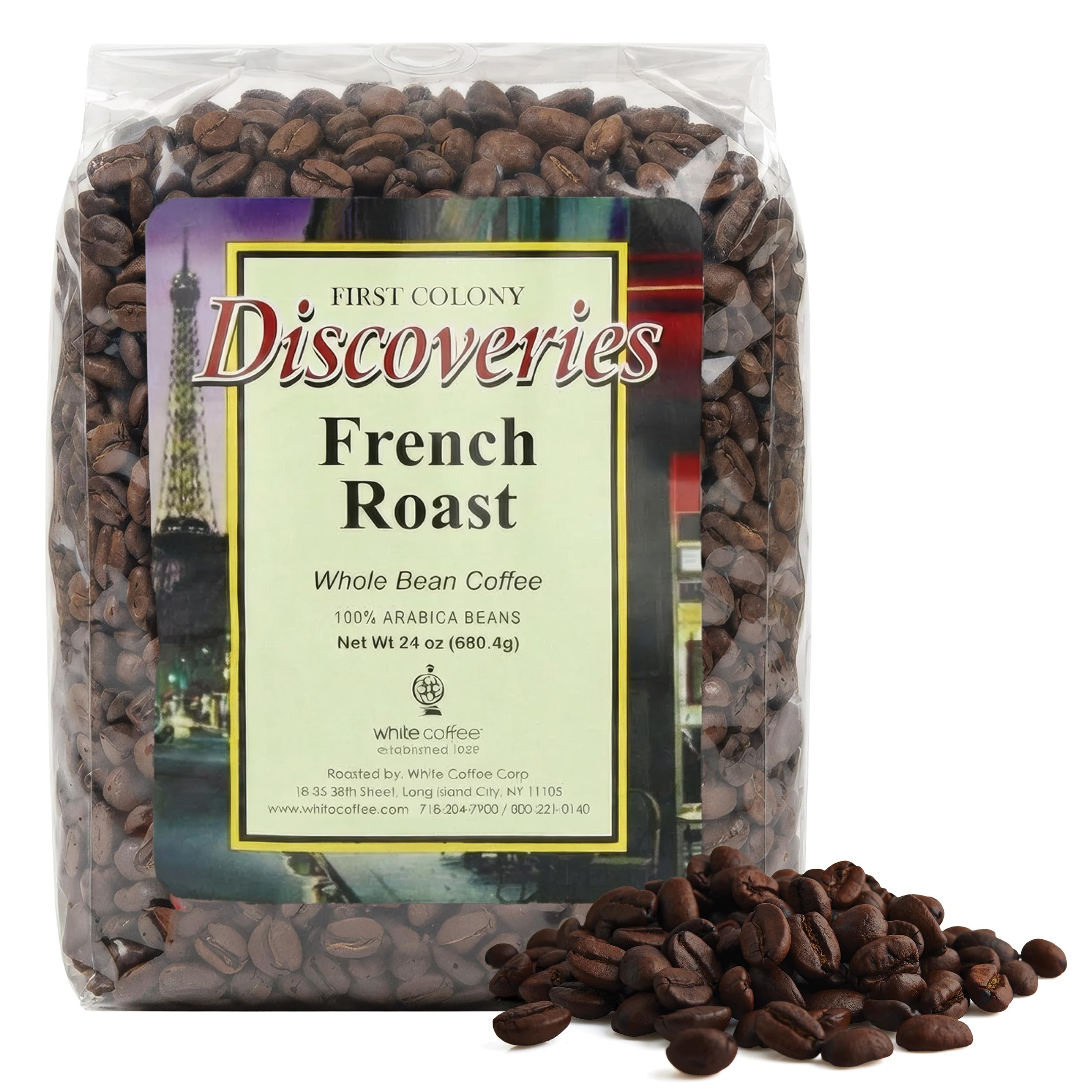 First Colony French Roast Whole Bean Coffee, Dark Roast, 100% Arabica Beans, 24oz Bag, Smoky Cocoa & Toasted Walnut Notes for Home Brewers & Cafés, Hand-Roasted in the USA Since 1902