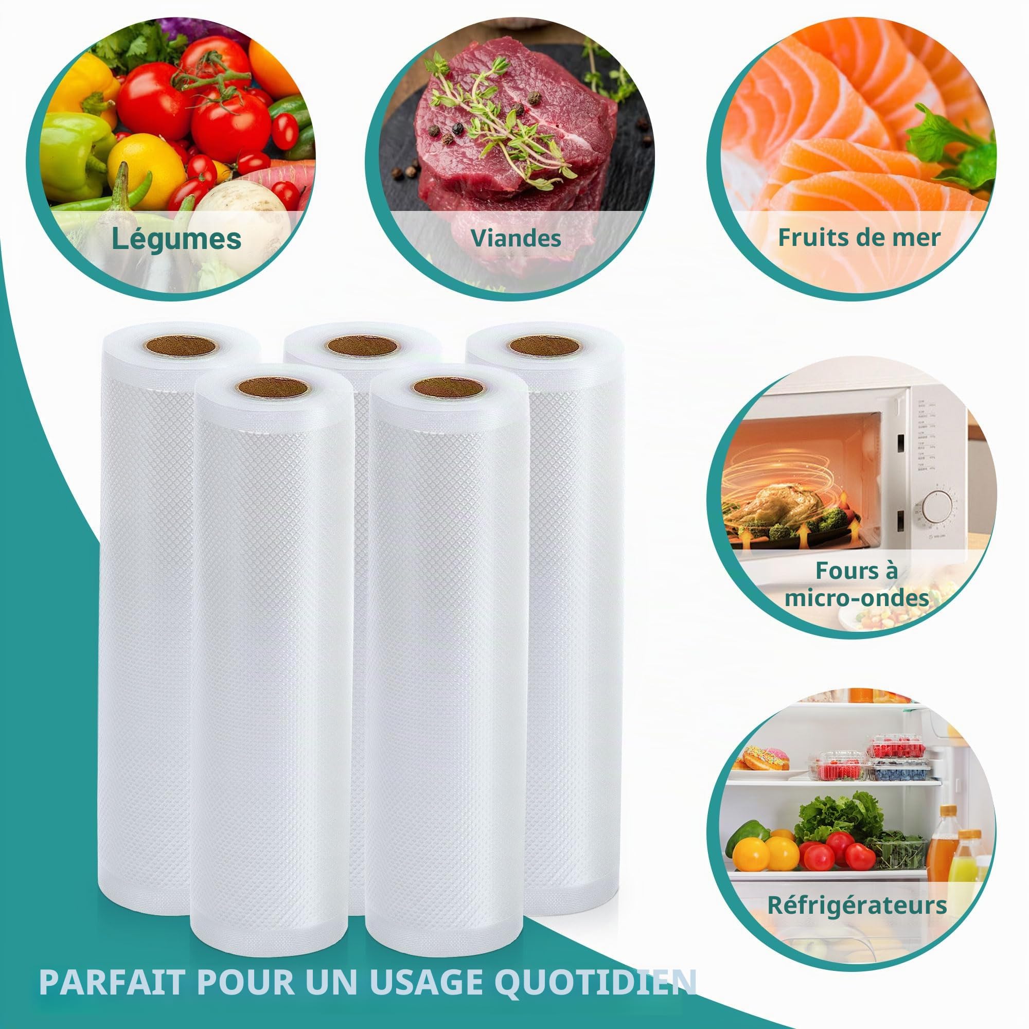 YISH Sac Sous Vide Alimentaire: Rouleau Sous Vide Alimentaire pour L'appareil de Mise Sous Vide, Sac Sous Vide pour La Cuisson, 5 Rouleaux 28x300cm, Film Sous Vide Alimentaire sans BPA