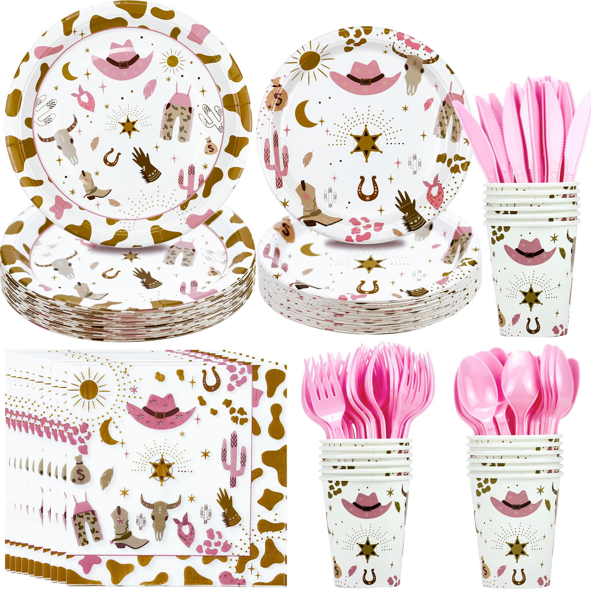 FVABO Western Cowgirl Party Decoration Tableware - Cowgirl Birthday Party Supplies Include Plate, Napkin, Cup, Cutlery, Wild West Cowgirl Theme Party
