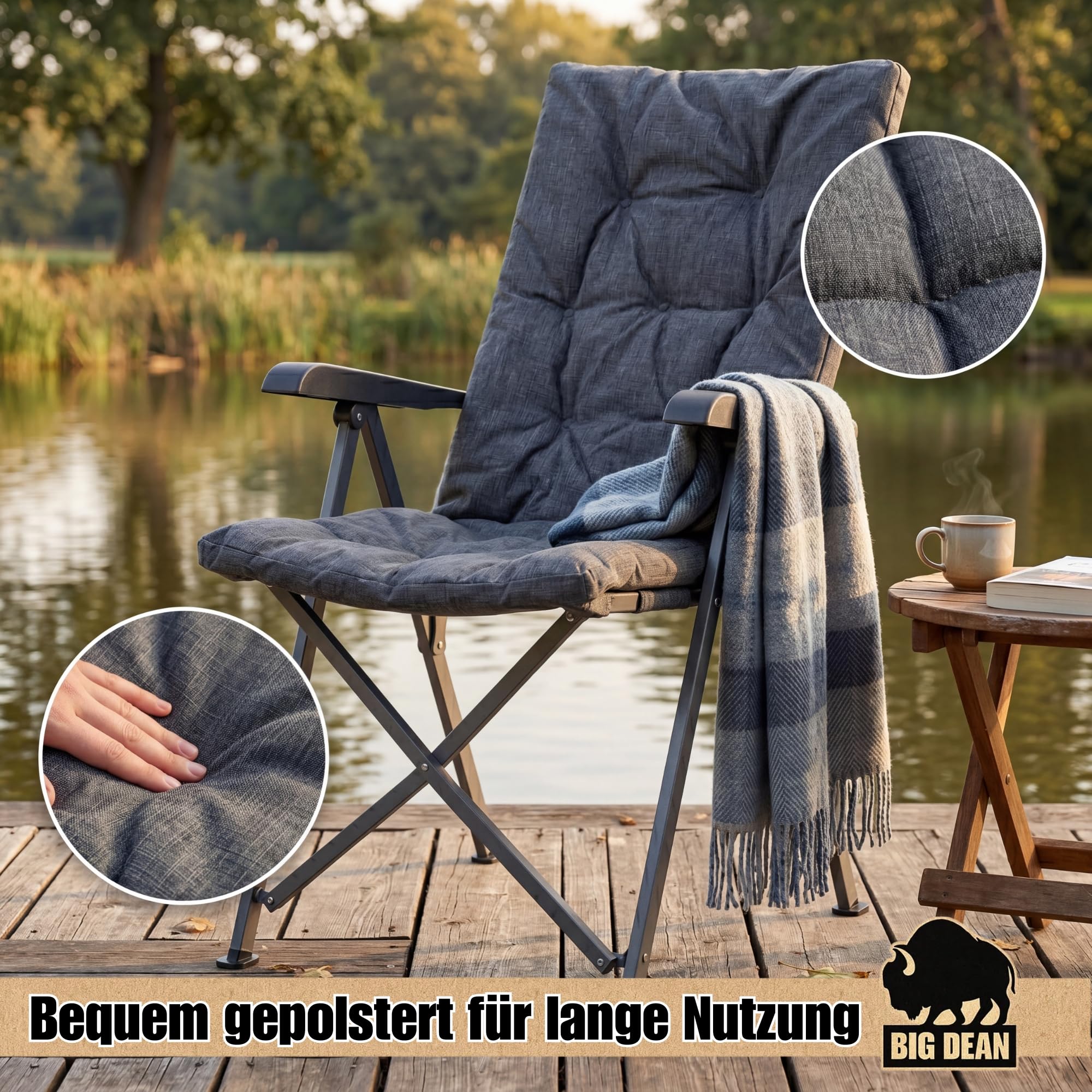 BigDean Lot de 2 chaises de camping pliantes, réglables en 4 positions, jusqu'à 150 kg, rembourrées épaisses, dossier haut, chaise de pêche pour camping, jardin, balcon