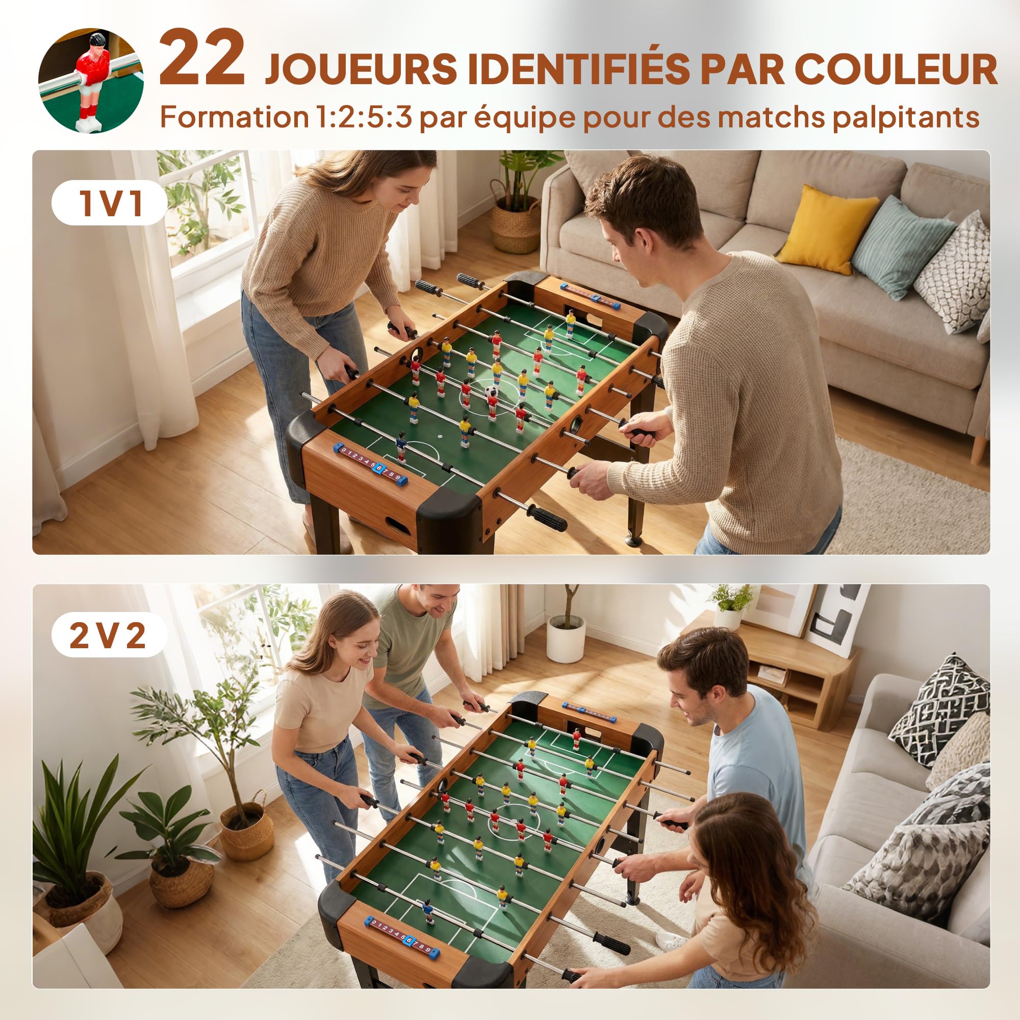 SPORTNOW Baby-Foot pour Enfants et Adultes, 22 Joueurs, 2 balles, compteurs manuels et poignées antidérapantes, Table de babyfoot sur Pieds pour la Famille et Le Cadeau, 92 x 75 x 71 cm, Marron