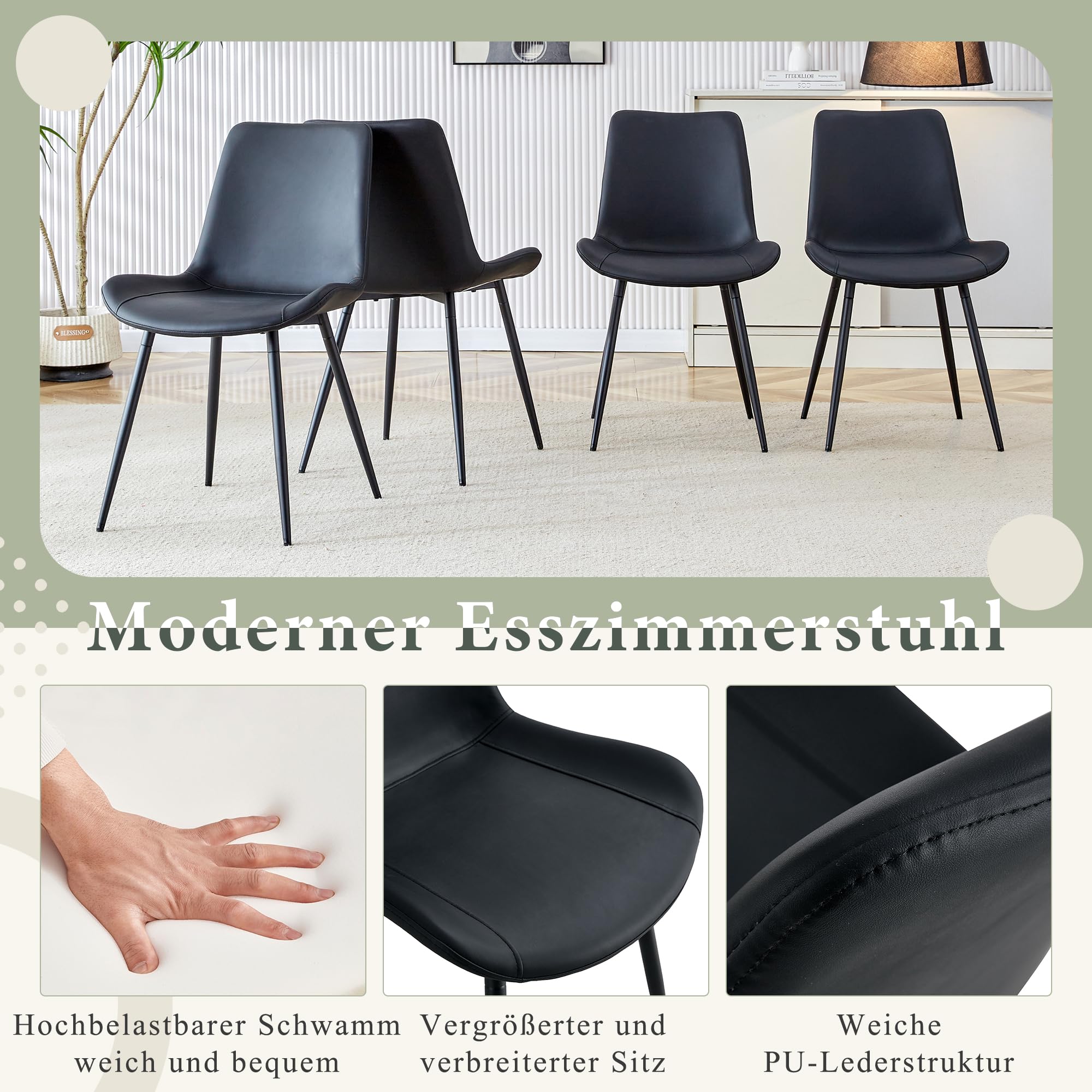 Set 4 Sedie da Pranzo Moderne in PU Leather, Sedute Ampie con Schienale Ergonomico, Piedi in Metallo Antiscivolo, Sedia per Esszimmer e Home-Office, Nero, 50x47x83cm