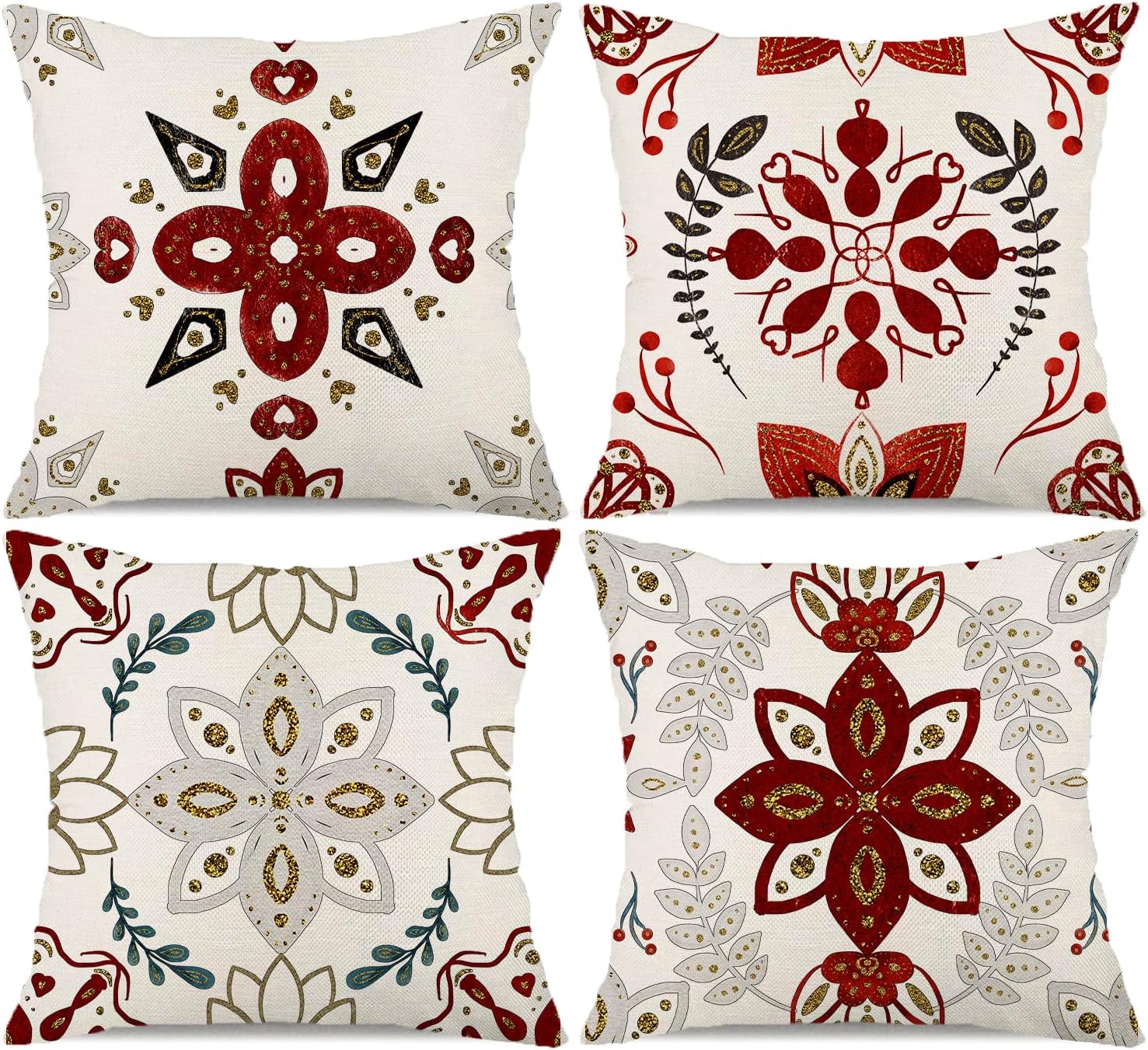Floral Christmas Pillow Covers 16x16 Set of 4 Retro Boho
