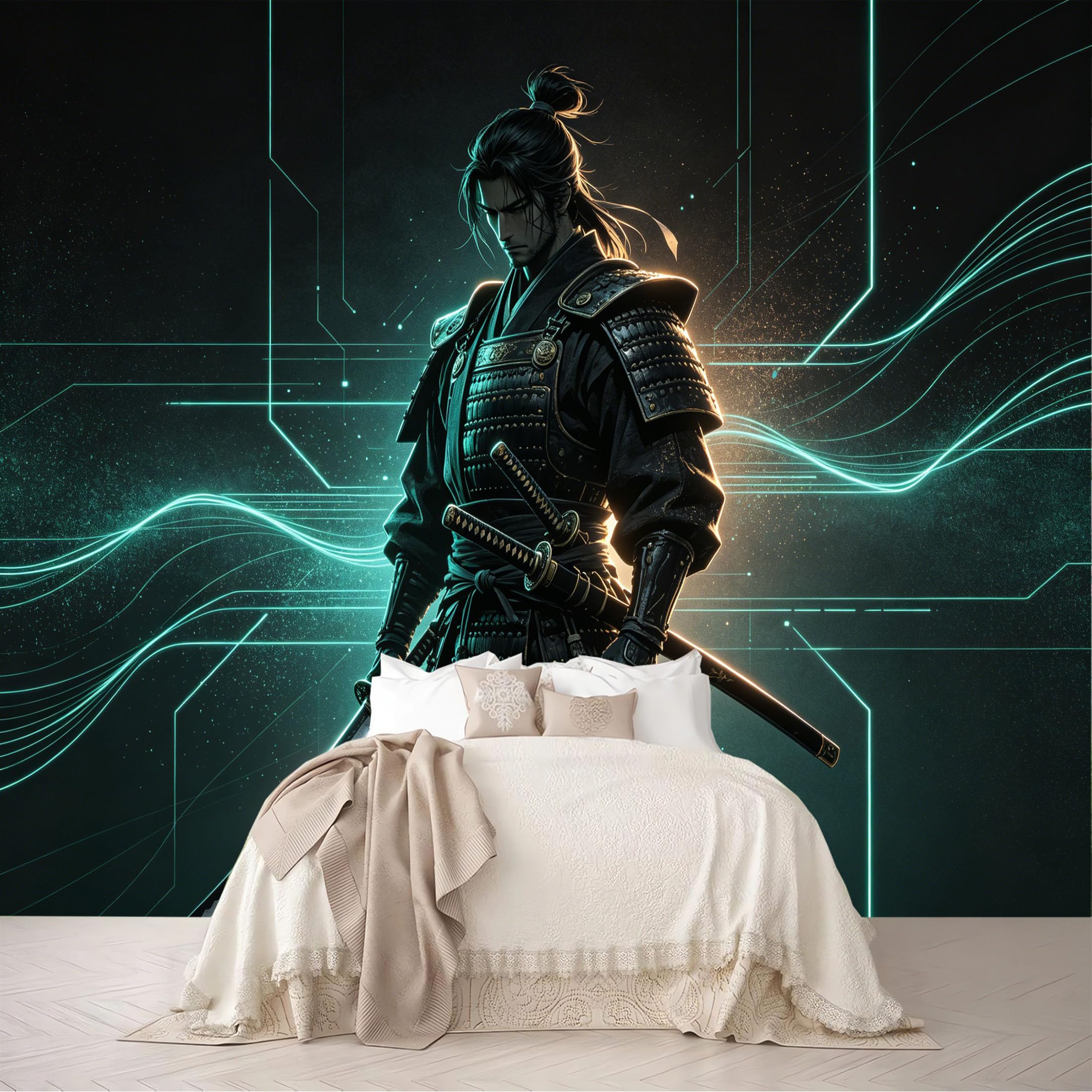 Dskjoviality Ab260706046 Custom Size Wall Mural Cyber Neon Armored Samurai Katana Portrait Removable Self Adhesive Peel And Stick Wallpaper For Bedroom Living Room Dining Room