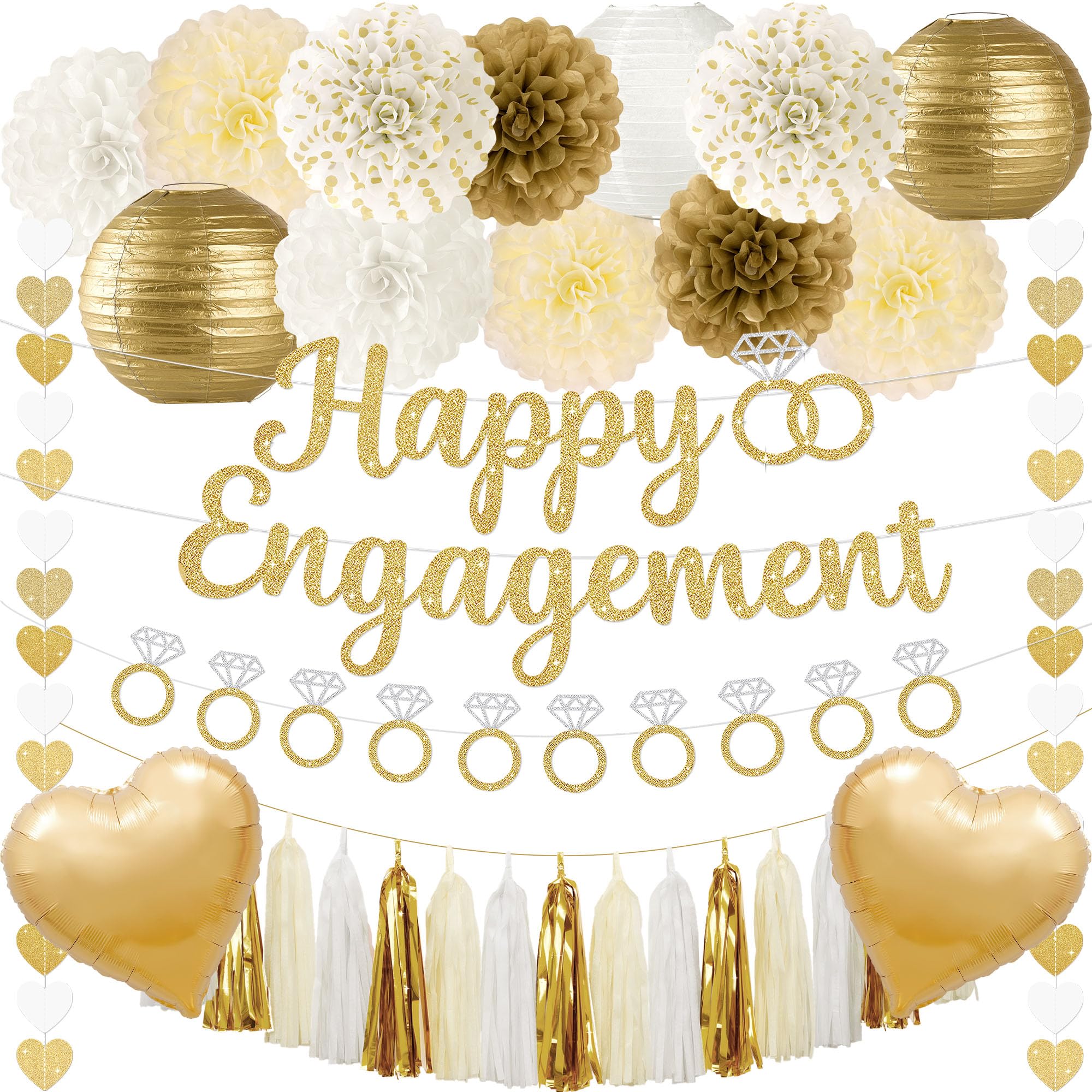 Kriyokiaa 17 Pcs Engagement Party Decorations, Gold Engaged Party Decor with Happy Engagement Banner, Hanging Balloons Paper Pom Poms Lanterns,