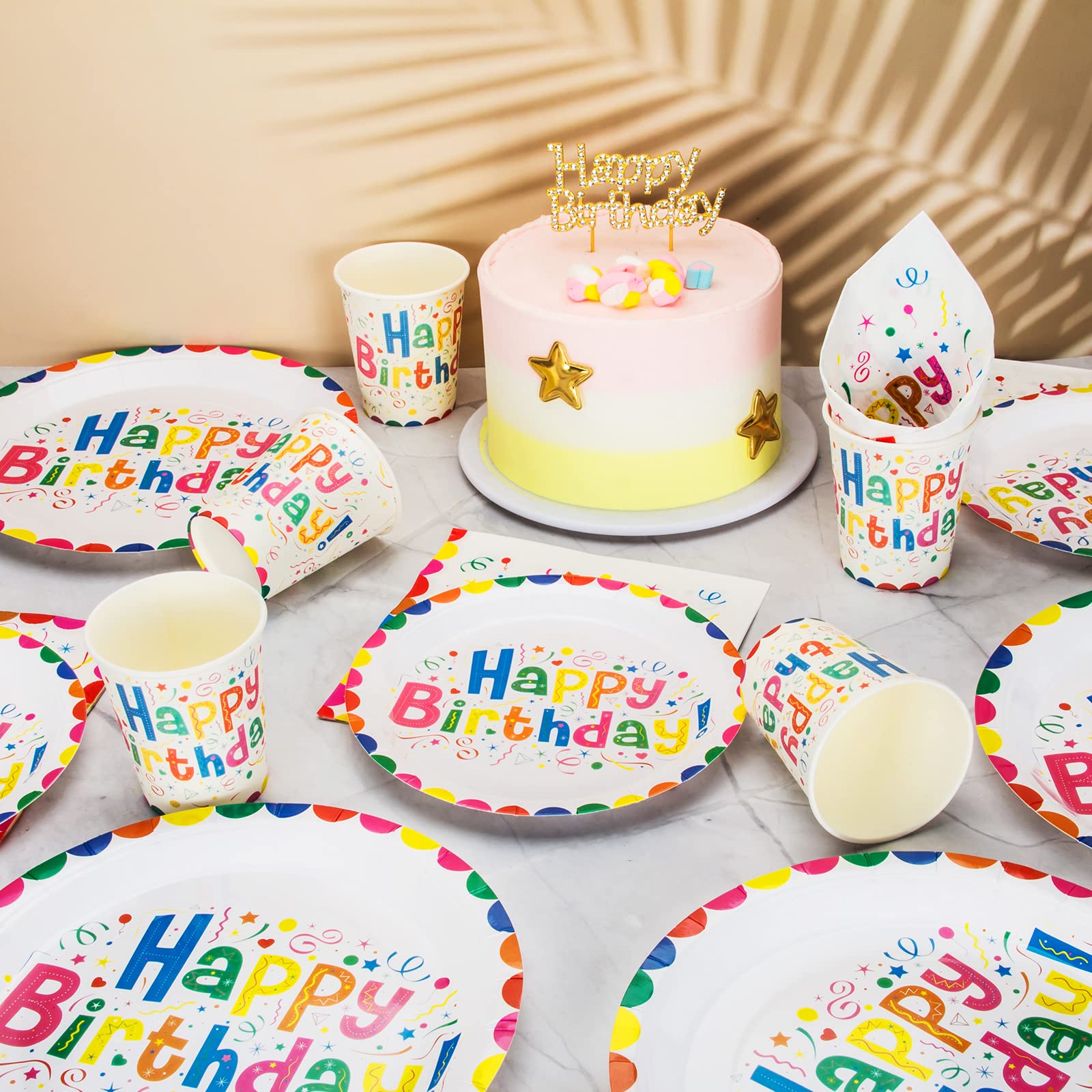 Happy Birthday Party-Set - 50 Teller & 50 Servietten (22,9 Cm), Bunt Gemustert, Für Kindergeburtstage & Feiern