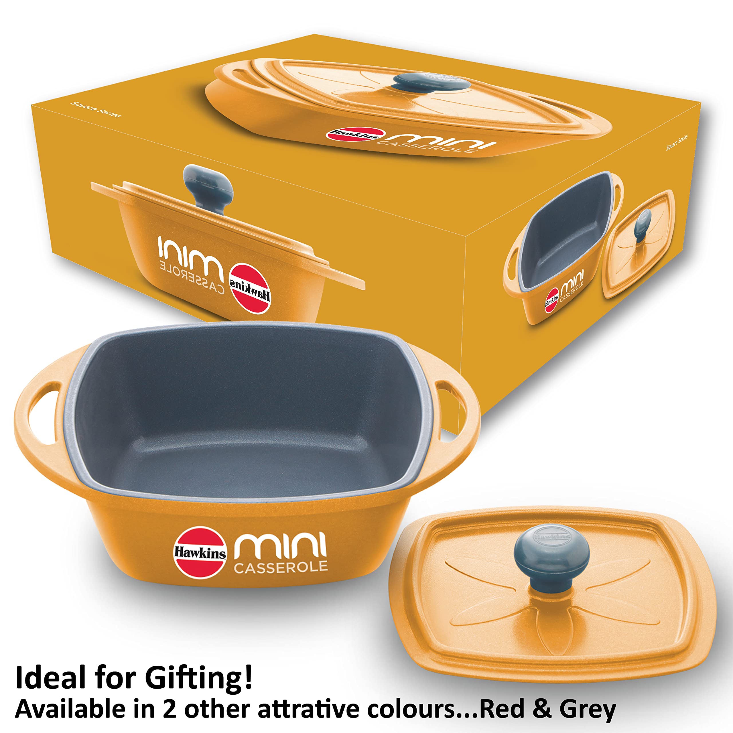 Hawkins Aluminium 0.75 liter Mini Casserole With Lid, Square Series Die-Cast Pan For Cooking, Reheating, Serving And Storing, Yellow (Mcsy75)