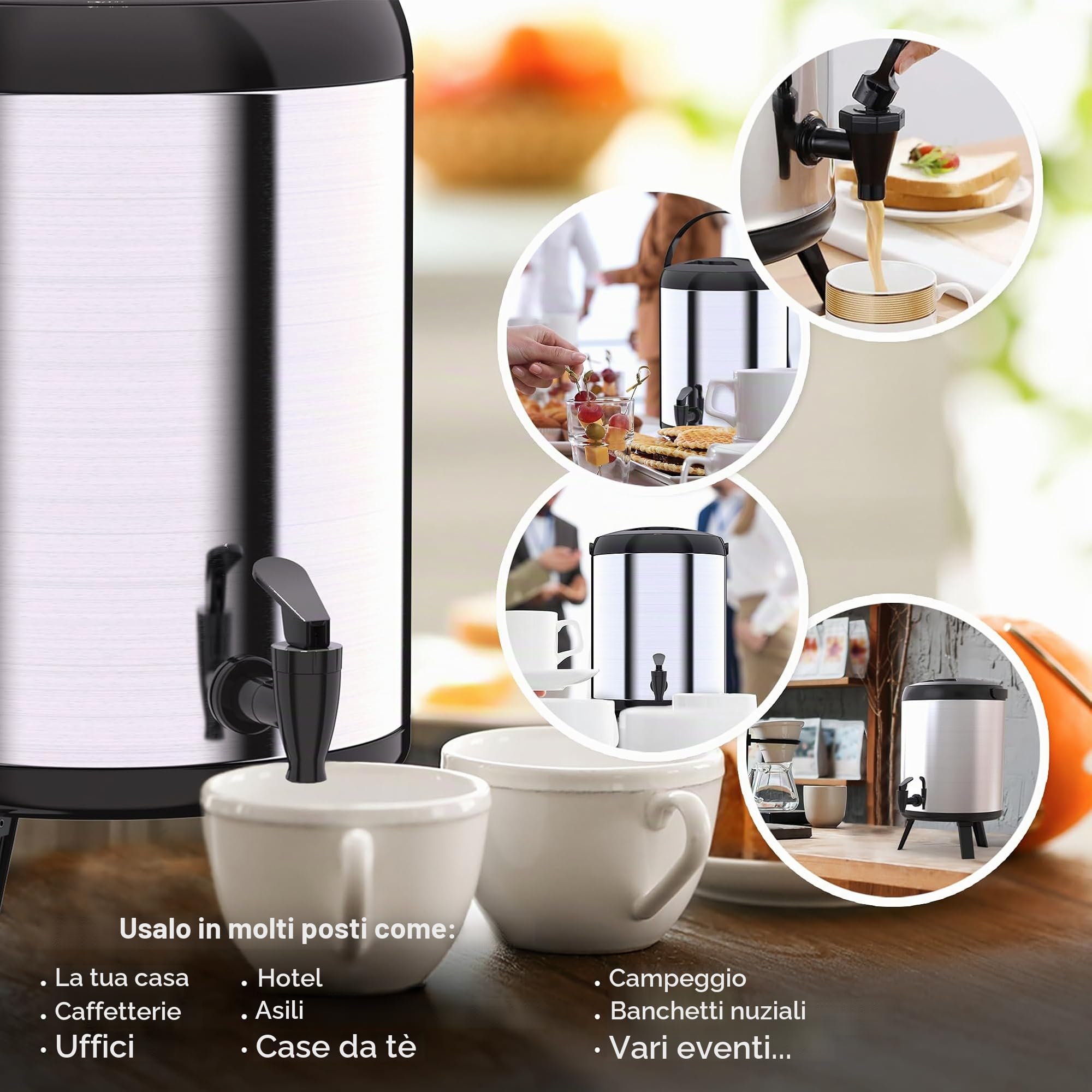 Thermos Grande - Thermos contenitore 6L portatile - Dispenser di bevande termiche con rubinetto - Dispenser di bevande fredde/calde, acqua, caffè - per catering, hotel, eventi o riunioni - acciaio
