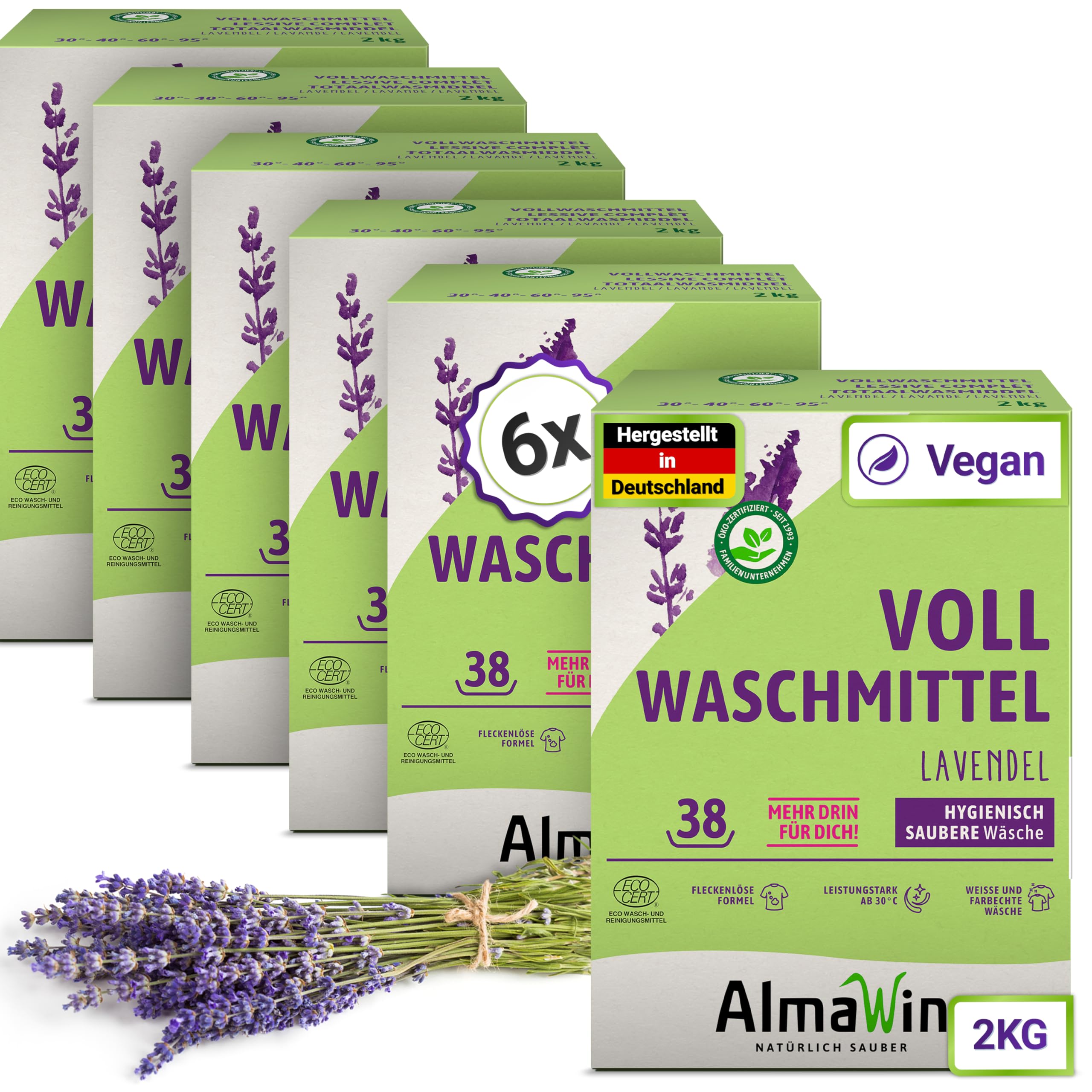 AlmaWin® Vollwaschmittel Pulver [6x 2kg - 228 Ladungen] mit Lavendel-Duft für strahlende Reinheit - Waschmittel Pulver für alle weißen & farbechten Textilien [30-95°C] - Veganes Voll-Waschpulver