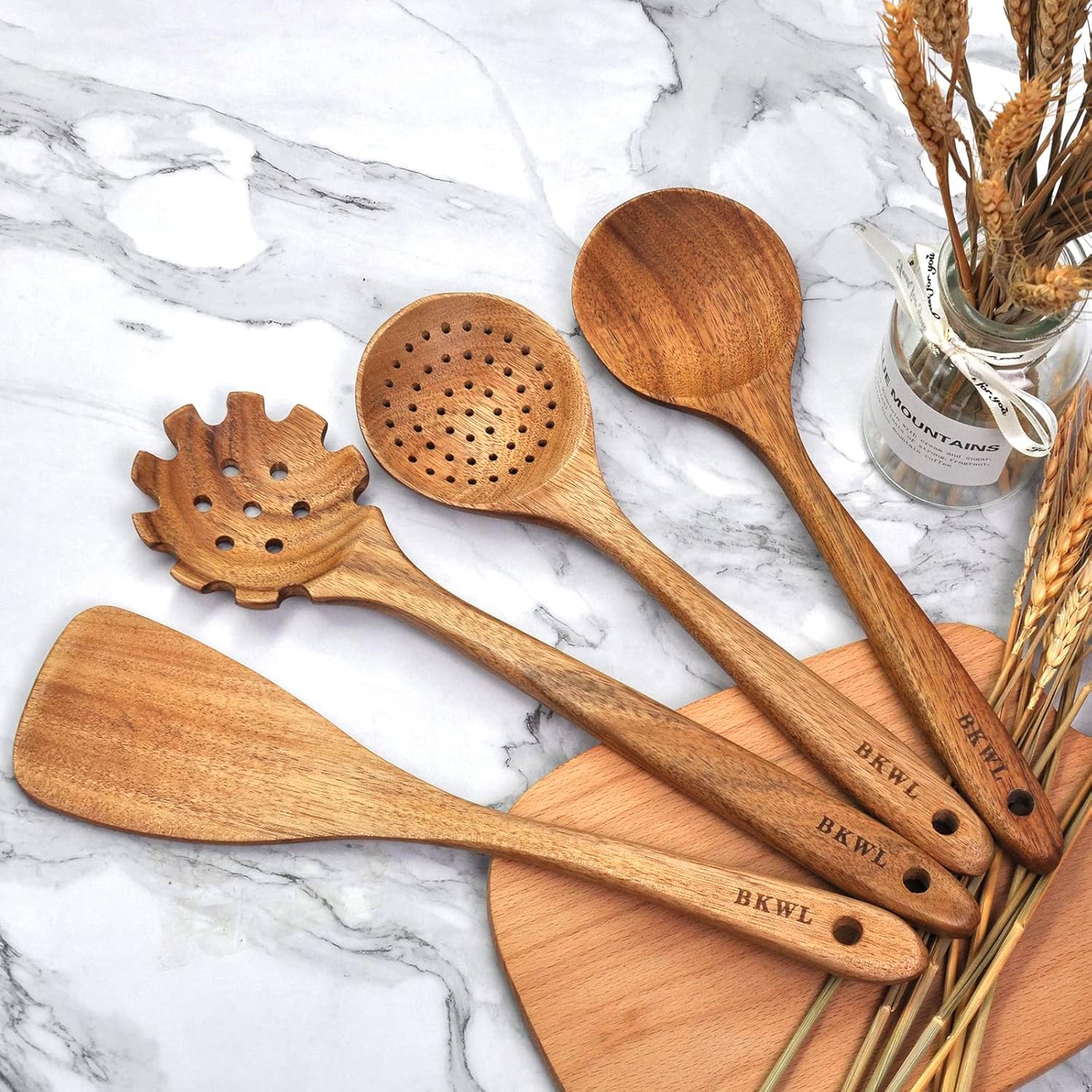 Set di utensili da cucina in legno, cucchiai di legno per cucinare pentole antiaderenti in legno di Teak naturale Set di spatole da cucina per cucinare regali  15