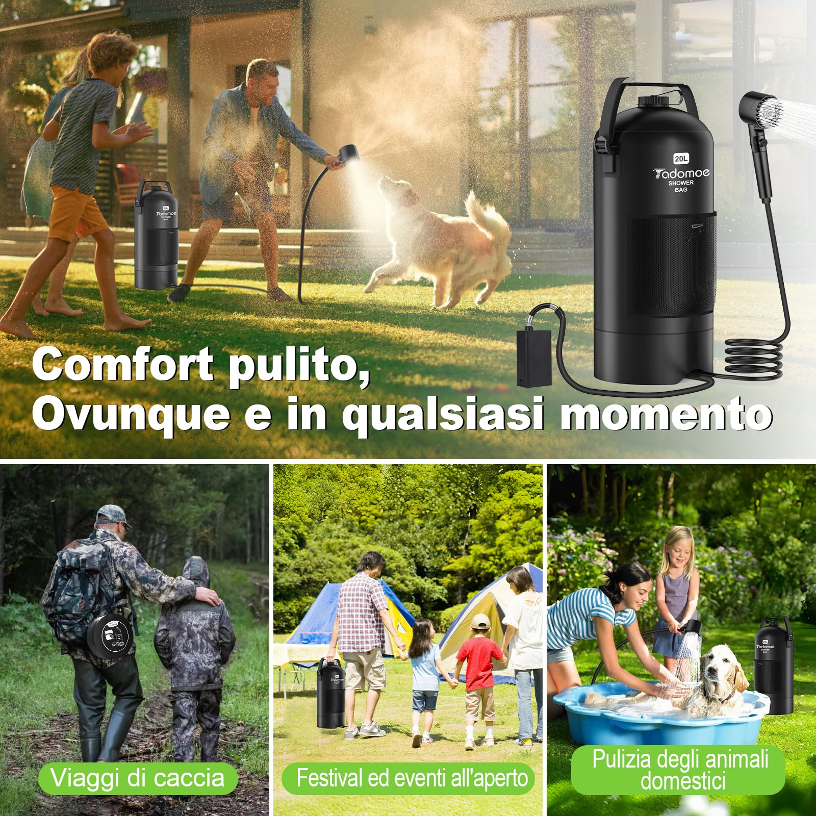 20L Doccia da Campeggio con Pompa, 2000mAh Doccia Portatile Solare Borsa con Pratico Ugello per Campeggio, Escursionismo e Spiaggia