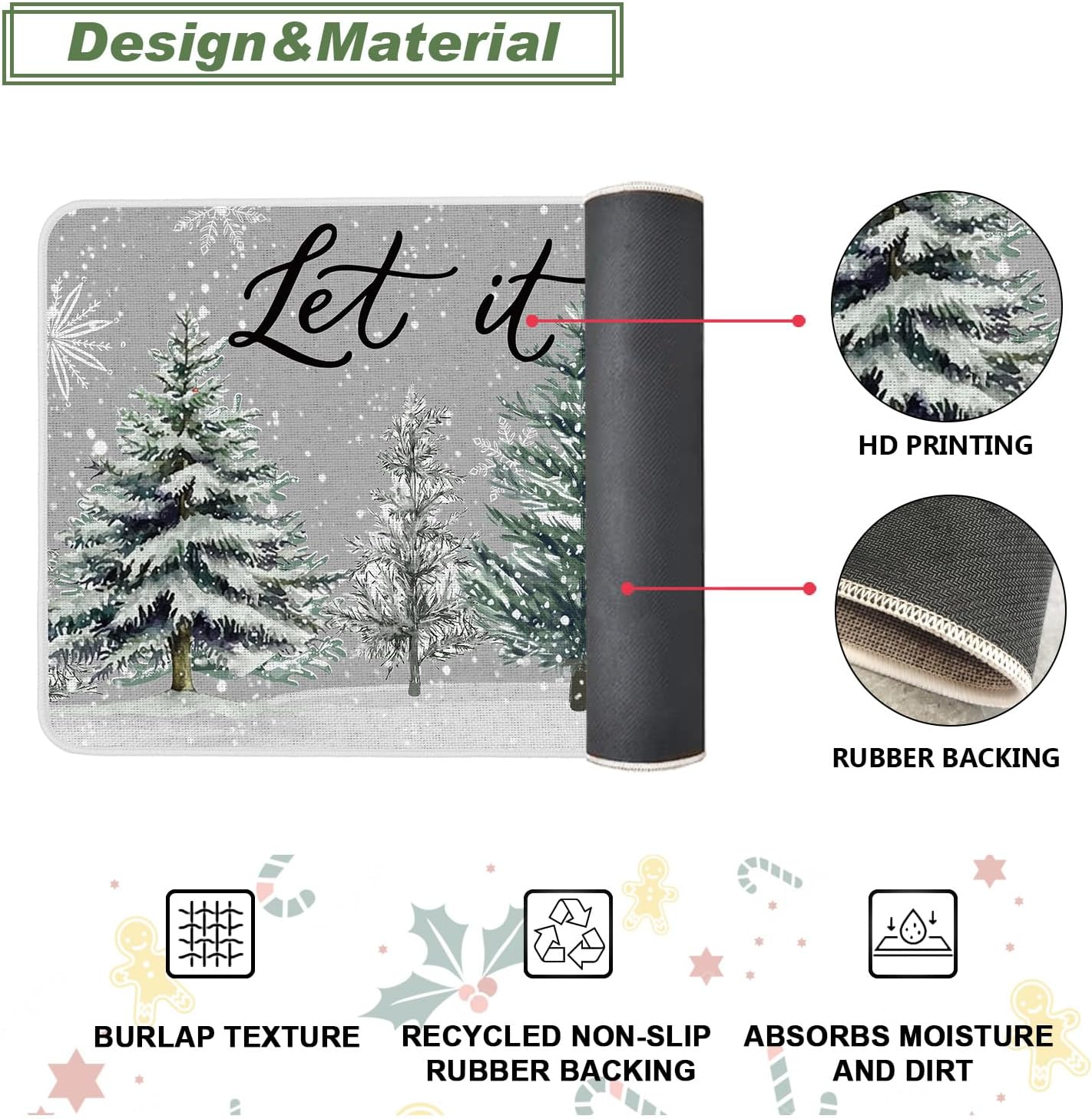 Baccessor Christmas Winter Kitchen Rugs Set of 3, Snowy Pine Tree Deer Cardinal Snowflakes Kitchen Mats Washable Non Slip Rubber Backing Xmas Farmhouse Home Floor Holiday Indoor Laundry Decor