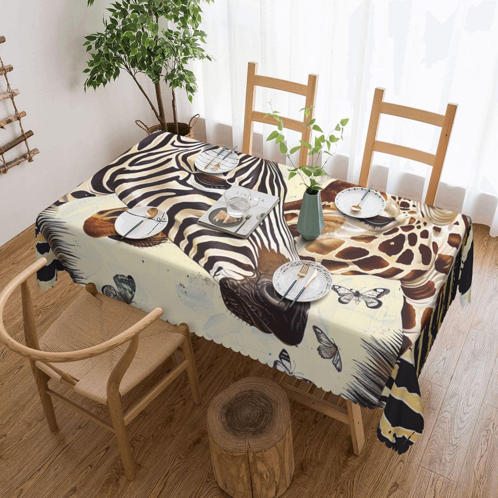 WPKJU Zebra and Giraffe Printed Rectangle Tablecloth 72x54 Inch with Lace Trim, Water-Resistant Washable Table Cover for Farmhouse Weddings, Outdoor Picnics & Holiday Dining