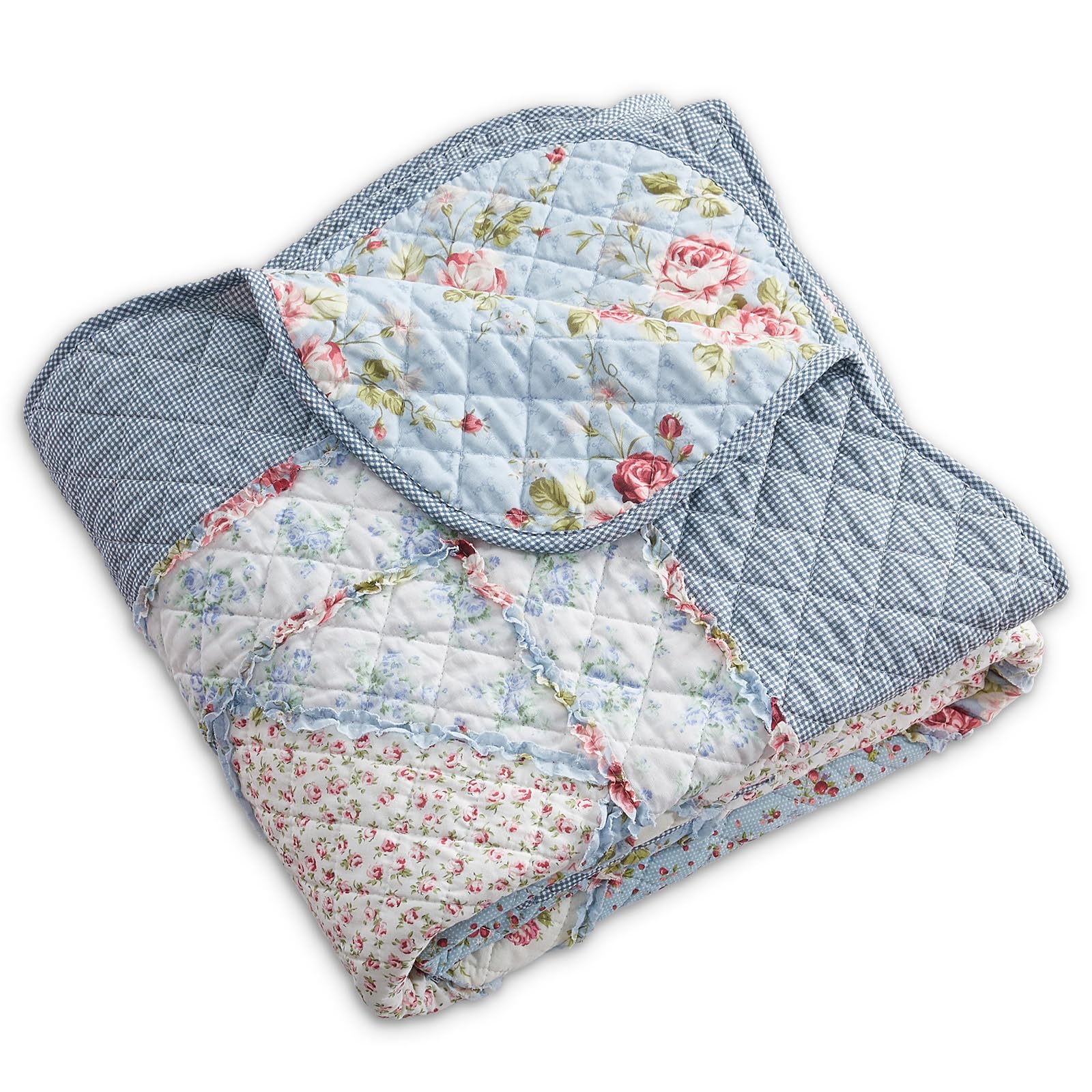 Qucover Patchwork Copriletto, Trapuntato Singolo 150x200 cm,Trapuntino per Primaverile Estivo Coperta in Cotone Shabby chic Stile Country Blu Floreale