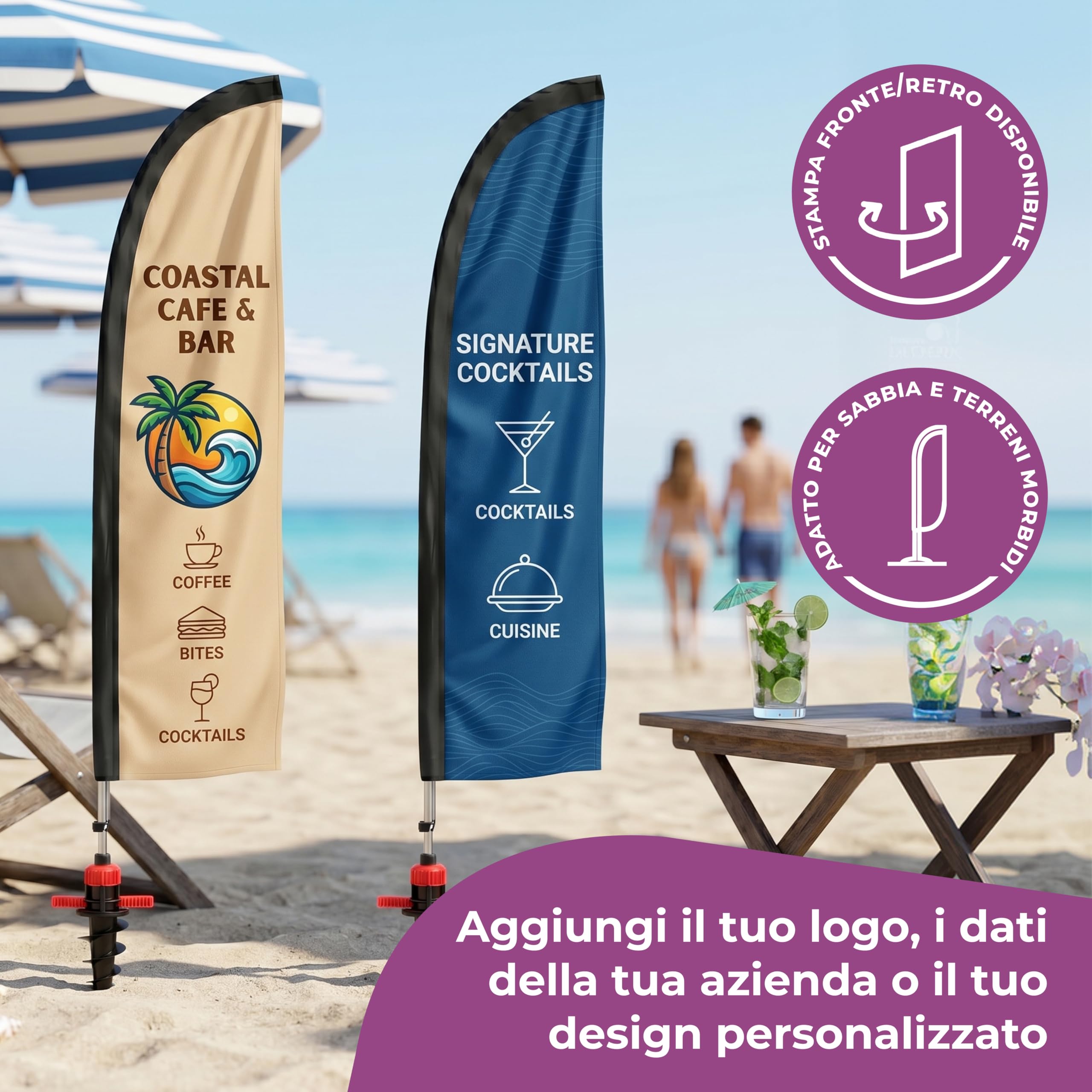 Cimpress Bandiera vela personalizzata 2,6 m, aggiungi il tuo logo o testo, bandiera pubblicitaria double face beach flag con asta per pubblicità esterna, eventi, ristorazione e immobiliare