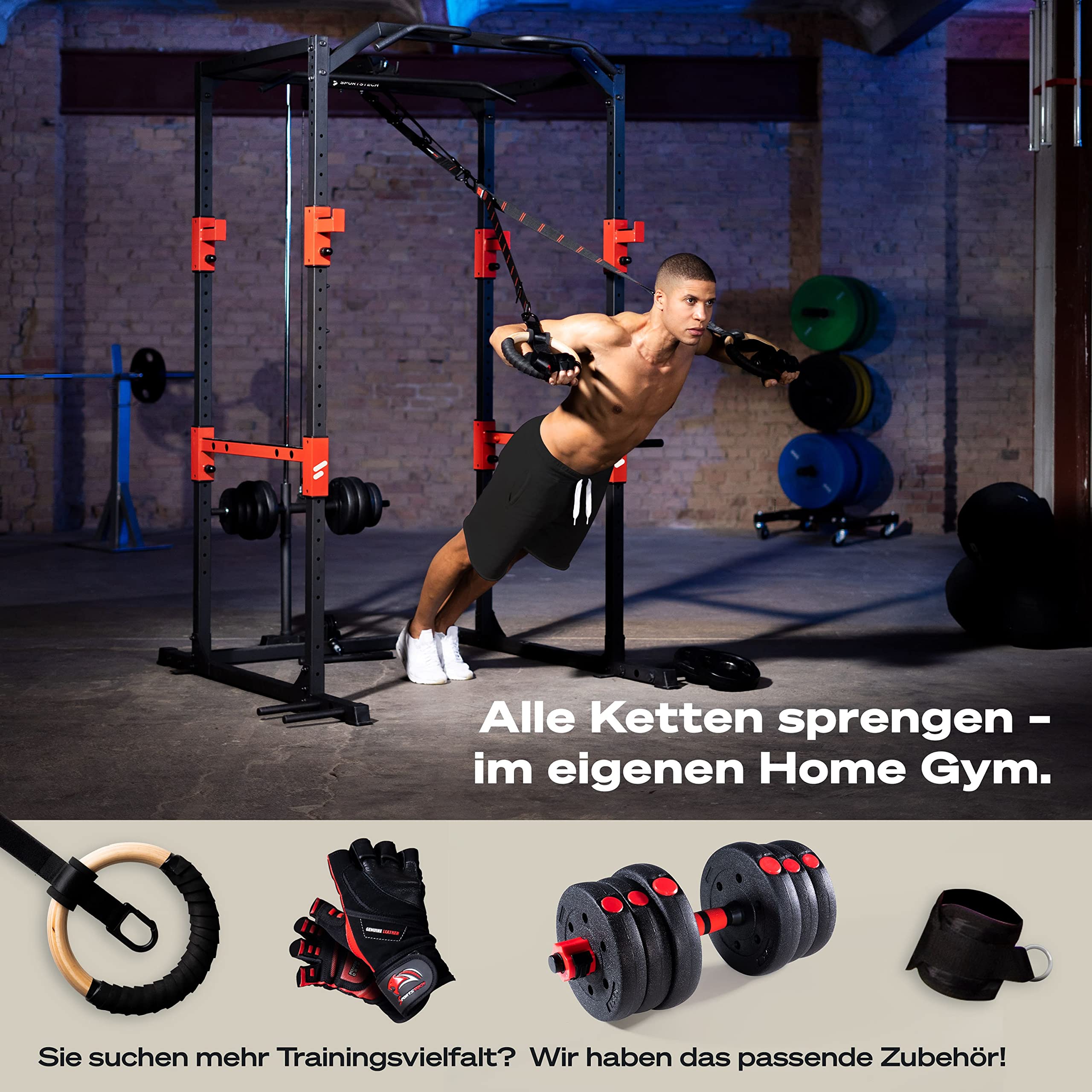 Sportstech Power Rack + Klimmzugstange | Sprossenwand, Squat Rack mit Latzug + 2X Griffe | App mit On Demand Kursen | Station mit Ablage für Langhantel | Kraftstation: Fitness für Zuhause |FPR300/350