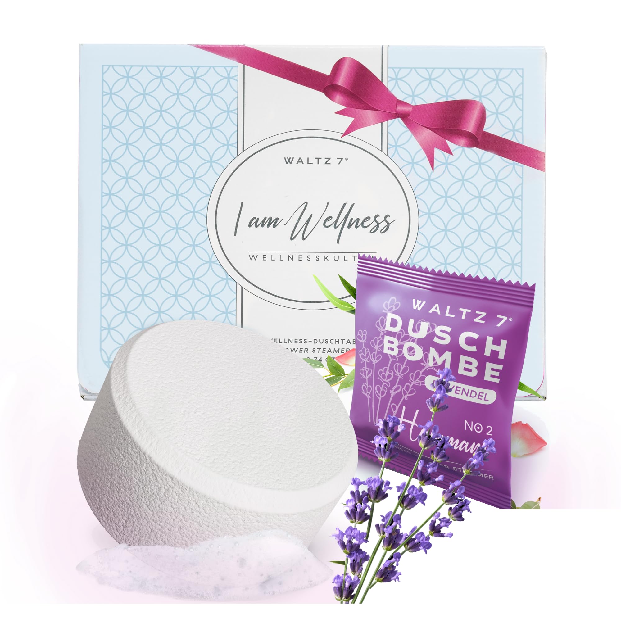 WALTZ 7 Set di Bombe da Doccia alla Lavanda, Kit Bagno con Olio Essenziale Naturale per l'Aromaterapia, la Cura di se e il Relax, Idea Regalo per Donne, Ragazza, Mamma, Confezione da 6