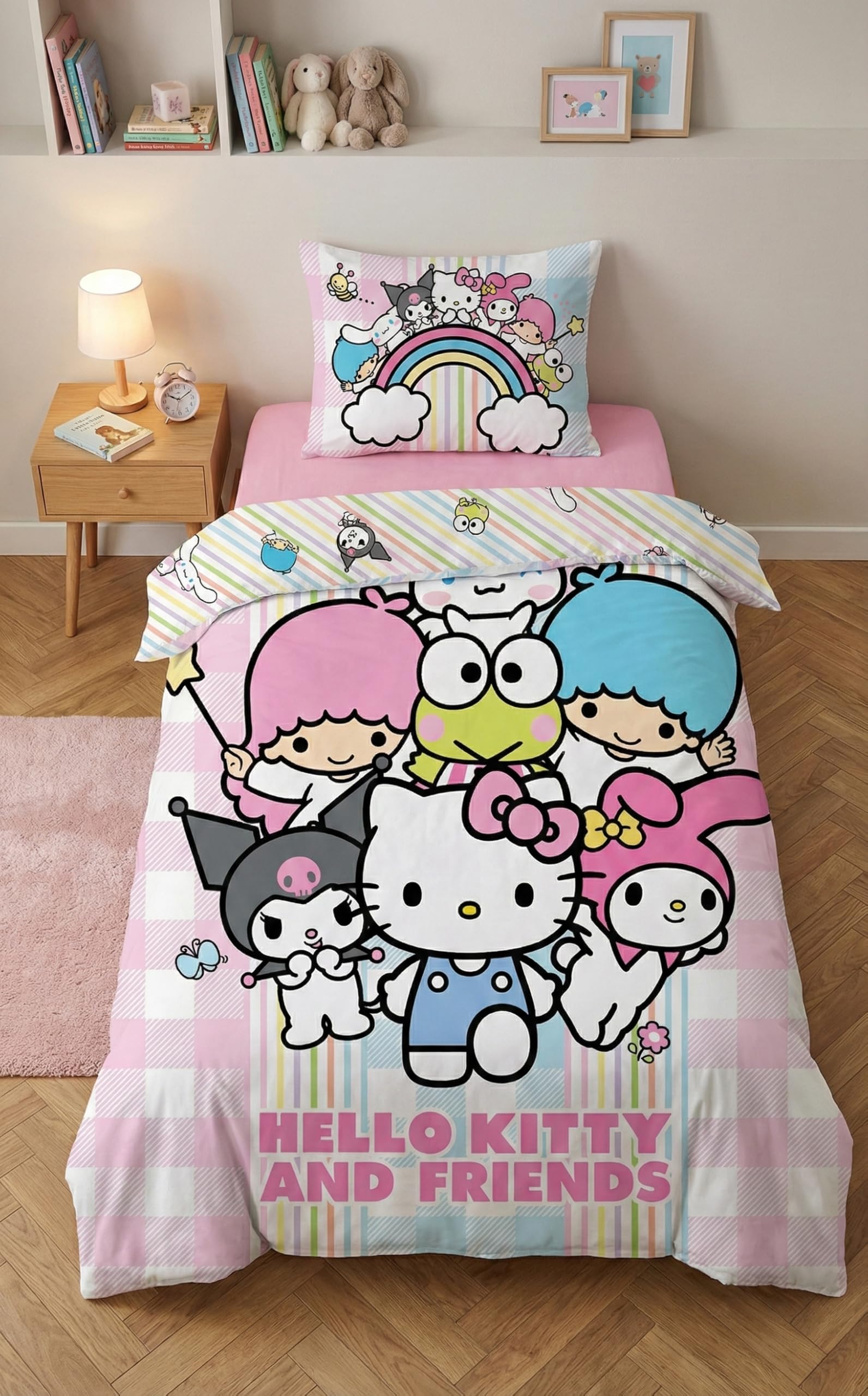 Halantex Hello Kitty e Amici – Duvet Cover 140 x 200 cm + Pillowcase 70 x 90 cm – Reversible – 100% Polyester – Multi-Coloured