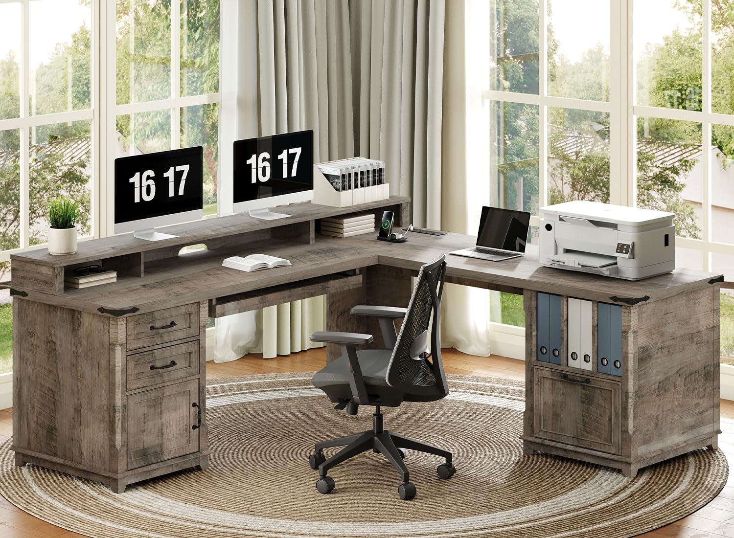 farmhouse l shaped desk with drawer and charging station