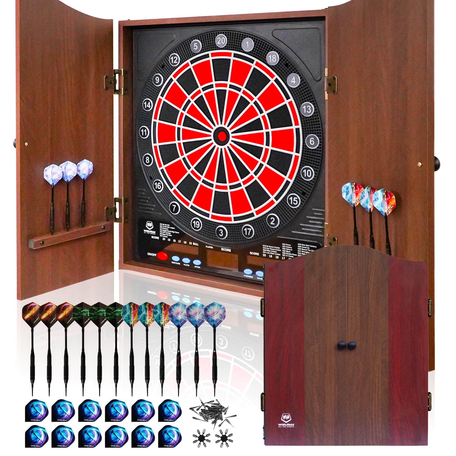 Electronic Dart Board LED Electric Digital Scoreboard Dart Boards for Adults with Solid Wood Cabinet, up to 8 Players, 34 Games and 355 Variations, with 12 Soft Tip Dartboard Set
