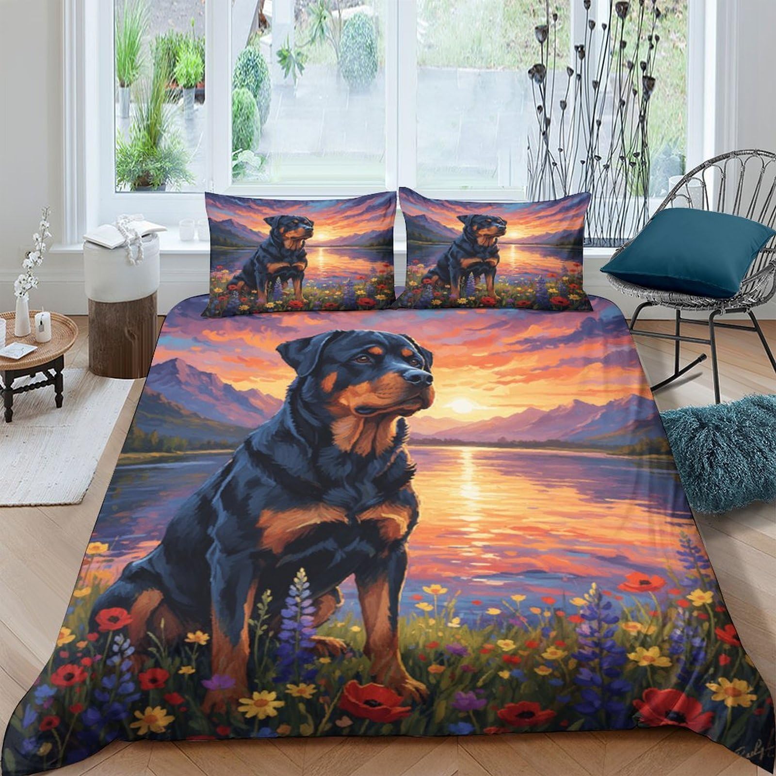 Ctjqhvkz Style-9 3D Printed Sunset Meadow Rottweiler Fitted Sheet Microfiber Non Slip Bed Cover For Bedroom Guest Room Decor Machine Washable Single（135X200cm）