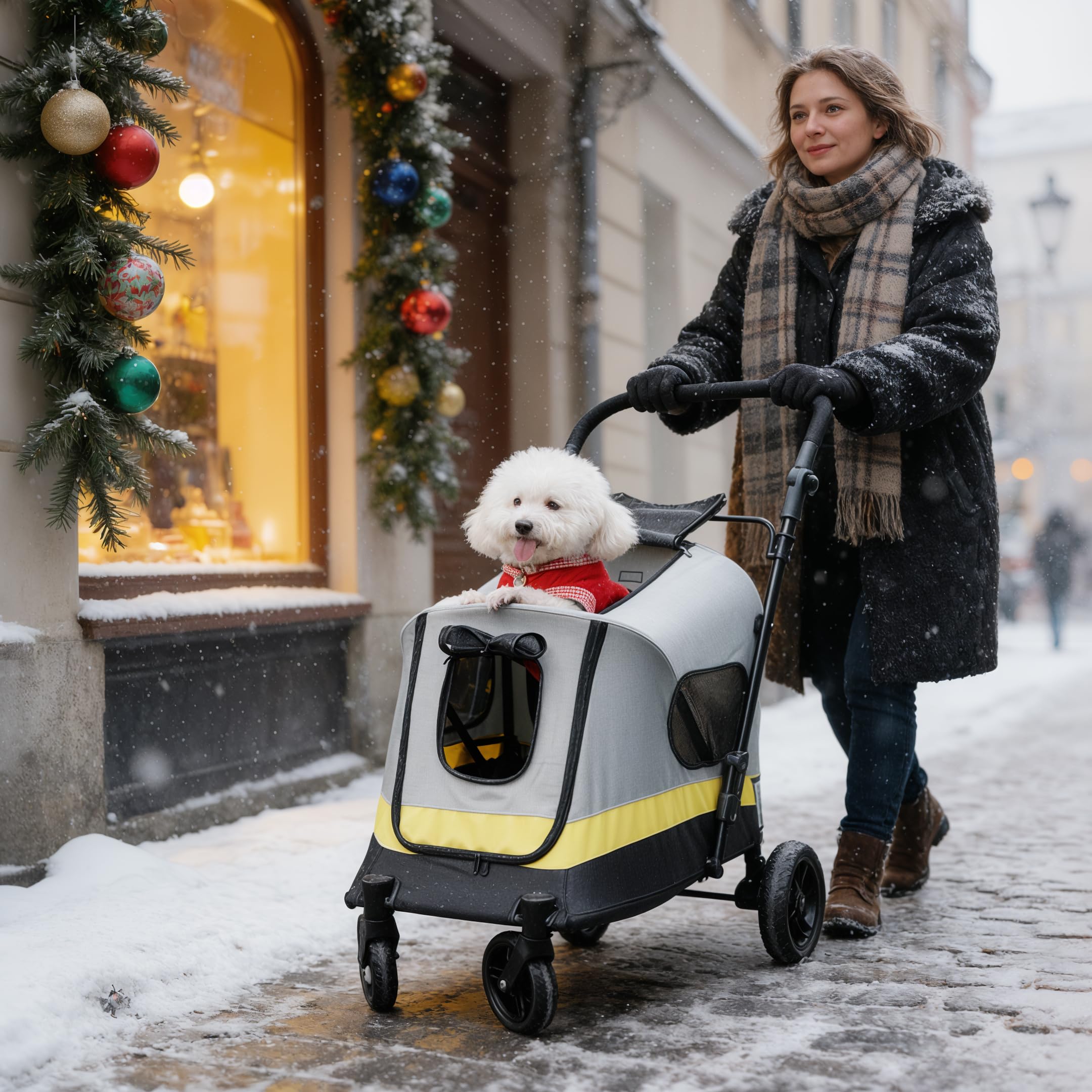 BingoPaw Carro Perro Pequeño Mediano: Carrito para Perros Paseo Plegable Cochecito para Perros con Ruedas Amortiguadora con Frenos Puertas Frontal y Trasera, 102x62x73cm