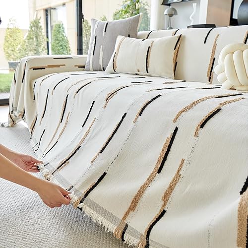 Miniatura 8 de STACYPIK Funda de sofá de felpilla súper suave para mascotas, protector de sofá antiarañazos para sofás de 3 cojines, funda blanca a rayas