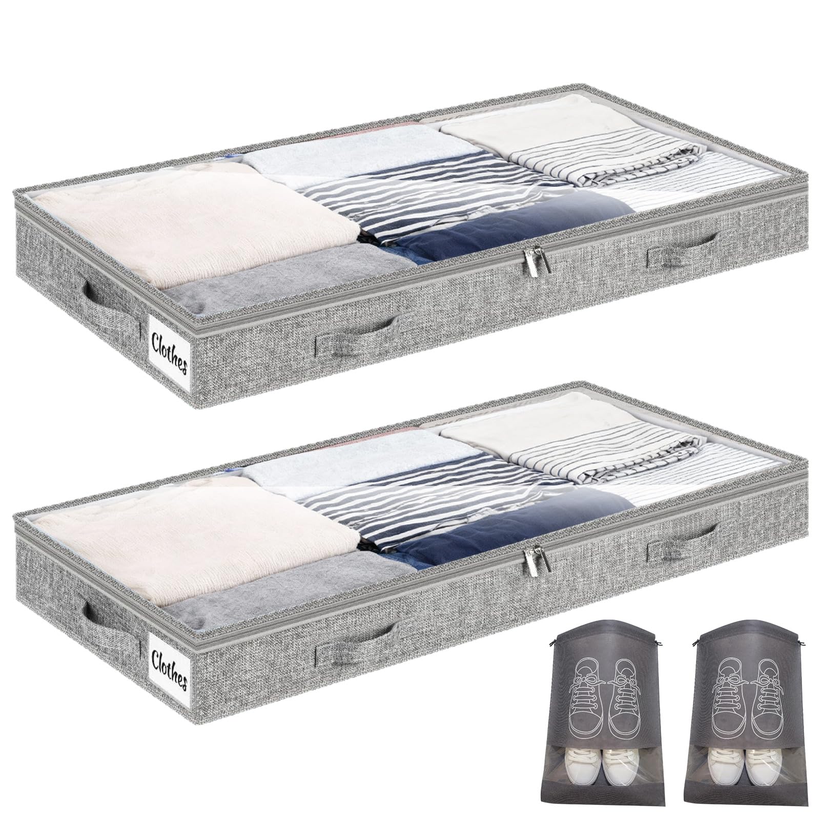 Unterbett Aufbewahrungsbox 2 Stück Unterbettkommode und klarem Transparenter Deckel, 10 cm hoch Faltbar Unterbett Aufbewahrung mit 4 Griffen & 2 Reißverschluss für Kleideraufbewahrung & Organisation