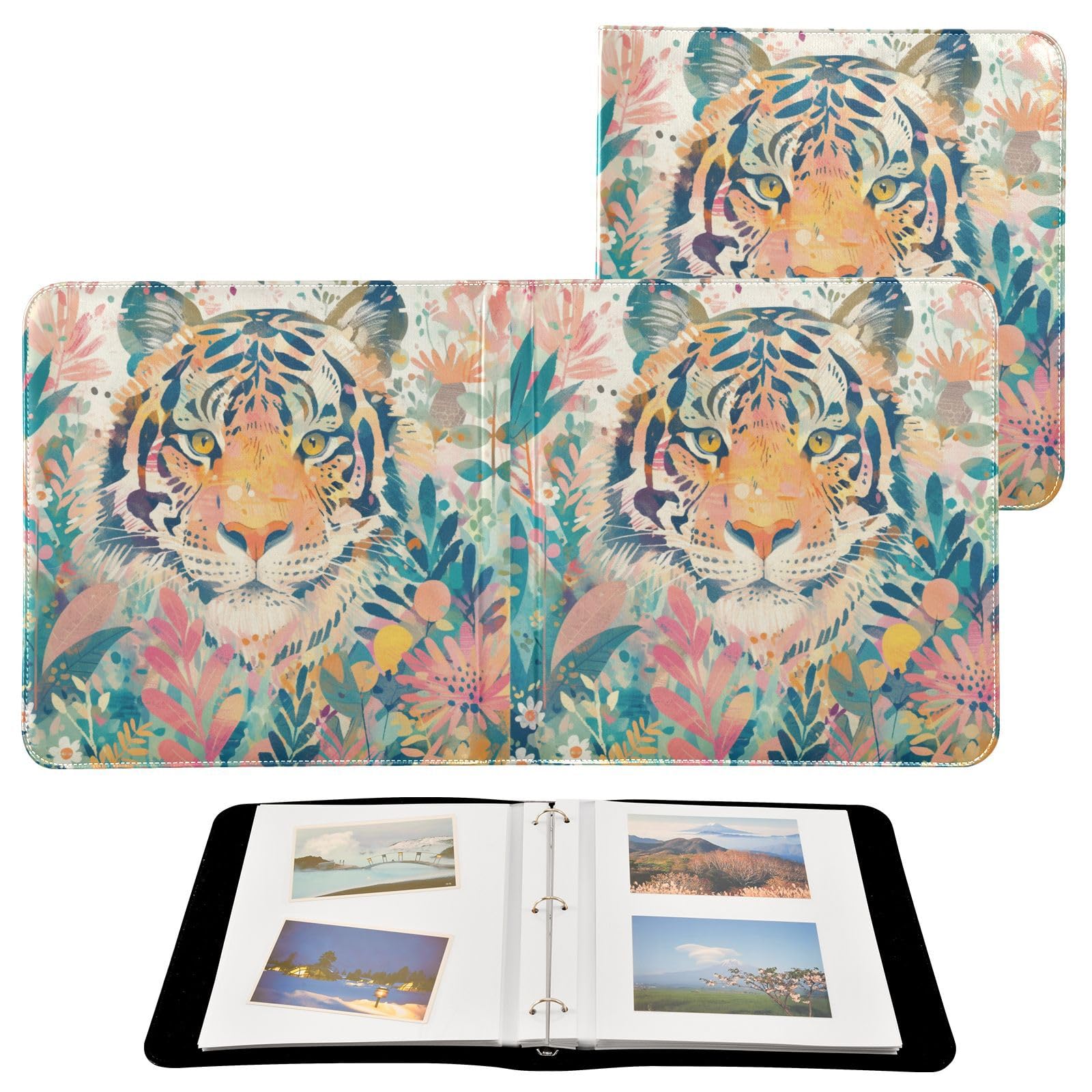 Kigai Flower Tigers Photo Album Self Adhesive Scrapbook Album Leather Cover DIY Picture Scrap Book with 20 Adhesive Sheets, 11.8x24x0.8 inch