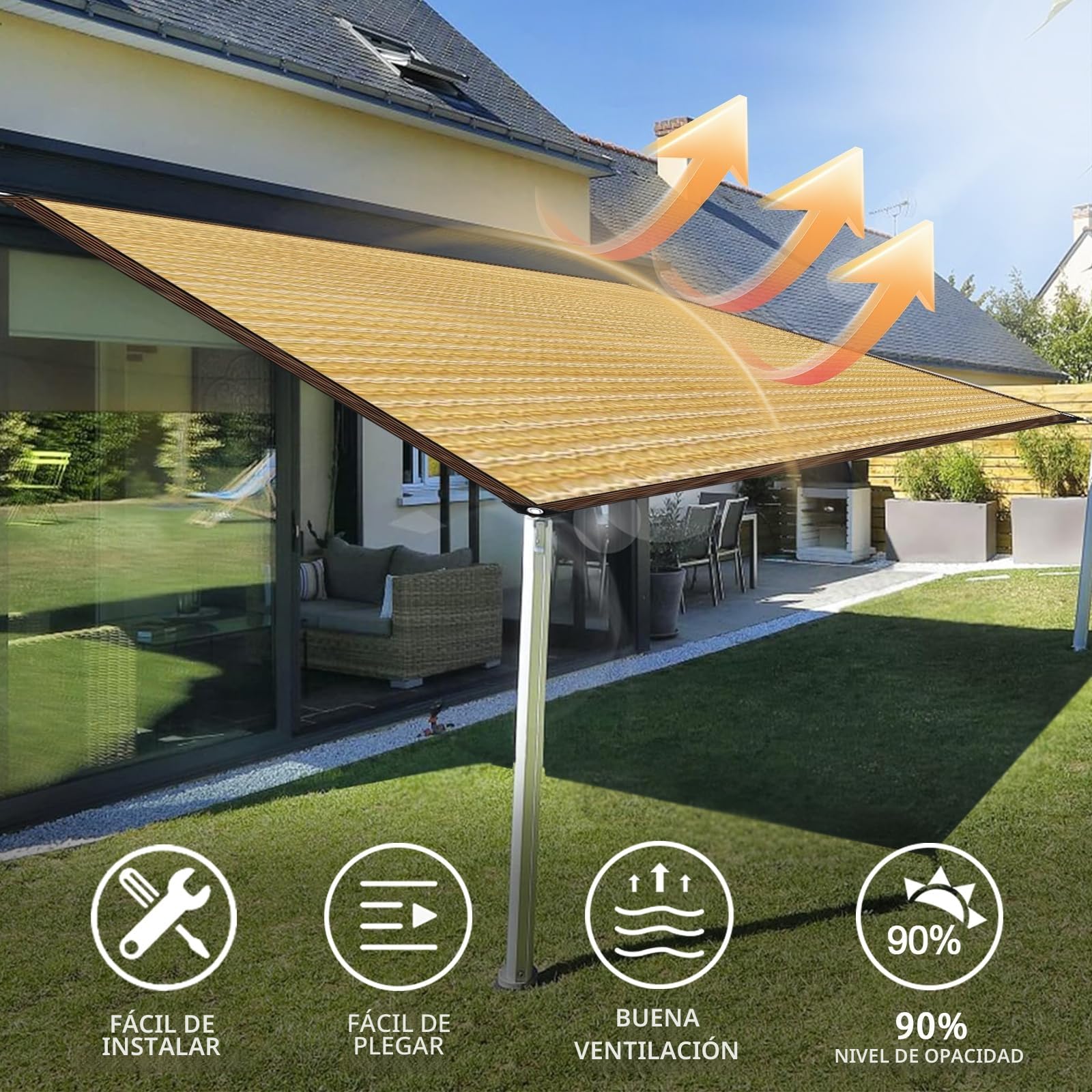 Toldo rectangular con ojales hecho de tejido transpirable, protección solar, malla de sombreo para balcón, terraza, jardín, protección de plantas, valla perrera, camping