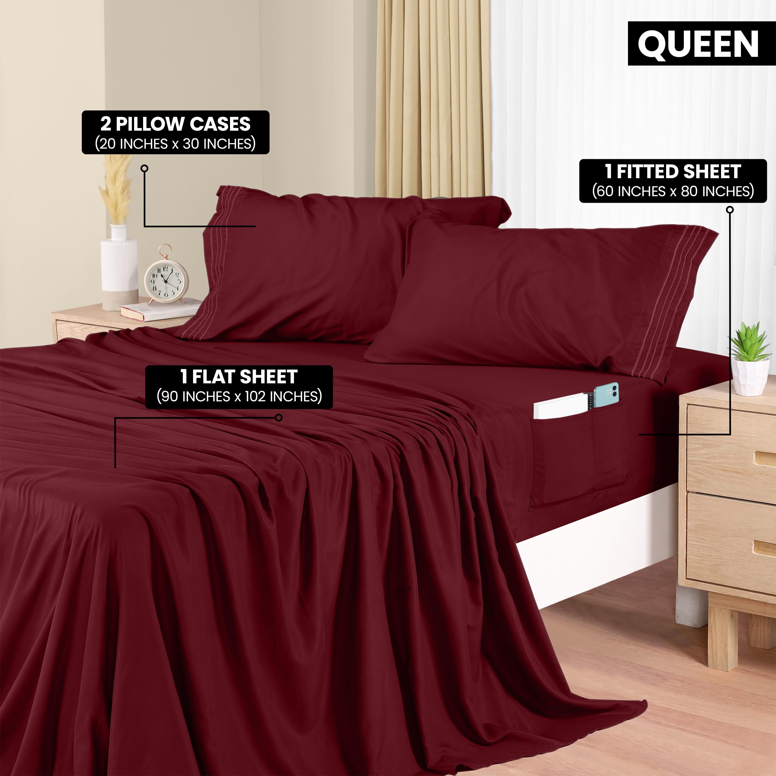 Utopia Bedding Queen Sheet Set, Soft Microfiber 4 Piece Luxury Bed Sheets with Deep Pockets, Embroidered Pillow Cases - Image 2