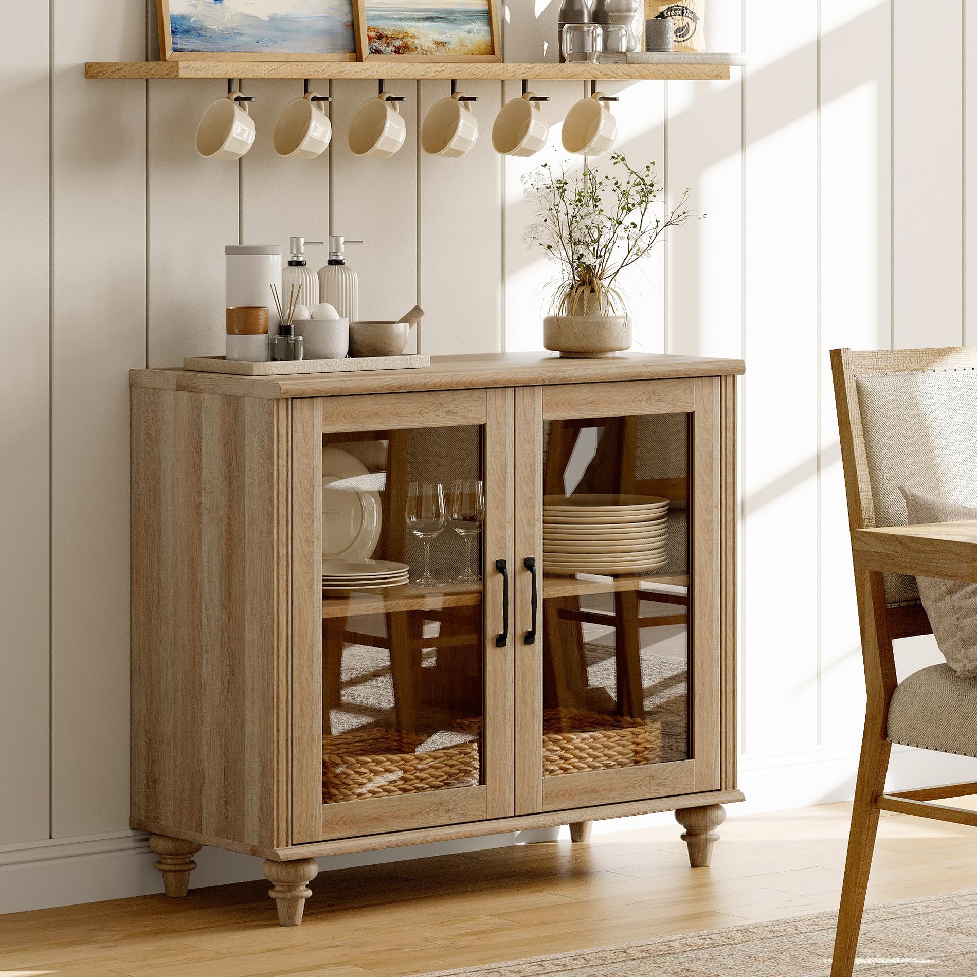 WAMAPT Buffet Cabinet with 2 Glass Doors, Oak Kitchen Storage Cabinets Wood Coffee Bar Table with Adjustable Shelf, Modern Farmhouse Sideboard Credenza for Dining Room, 34 inch
