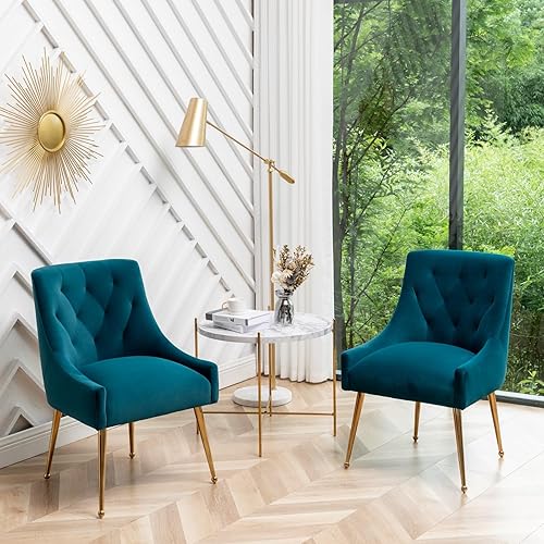 Miniatura 2 de Juego de 2 sillas de comedor de terciopelo, sillas laterales de patas doradas, sillas de comedor de mediados de siglo, sillas decorativas modernas