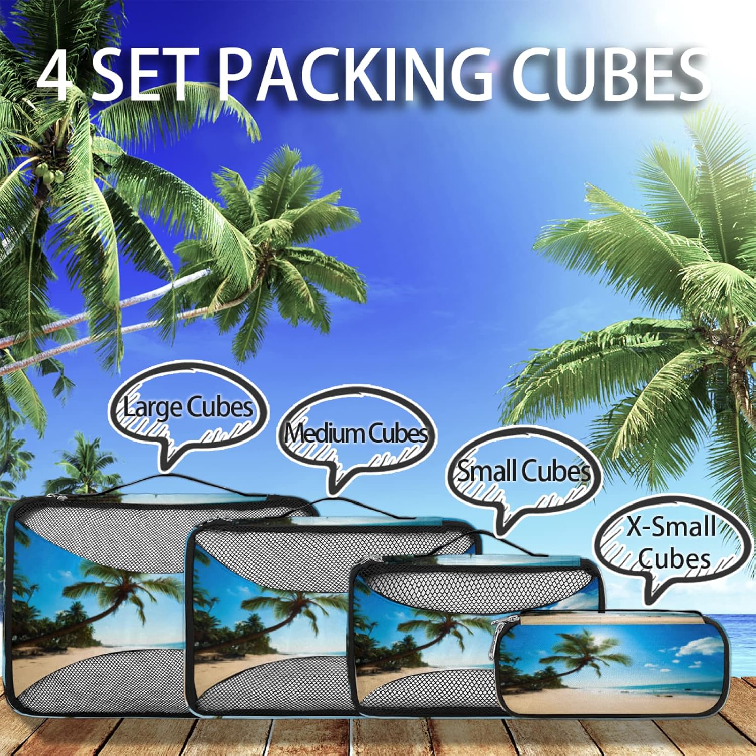 Hawaii Beach Travel Packing Cubes 4 Set, Beach Palm Tree Luggage Packing Organizers Storage Mesh Bags for Travel Accessories