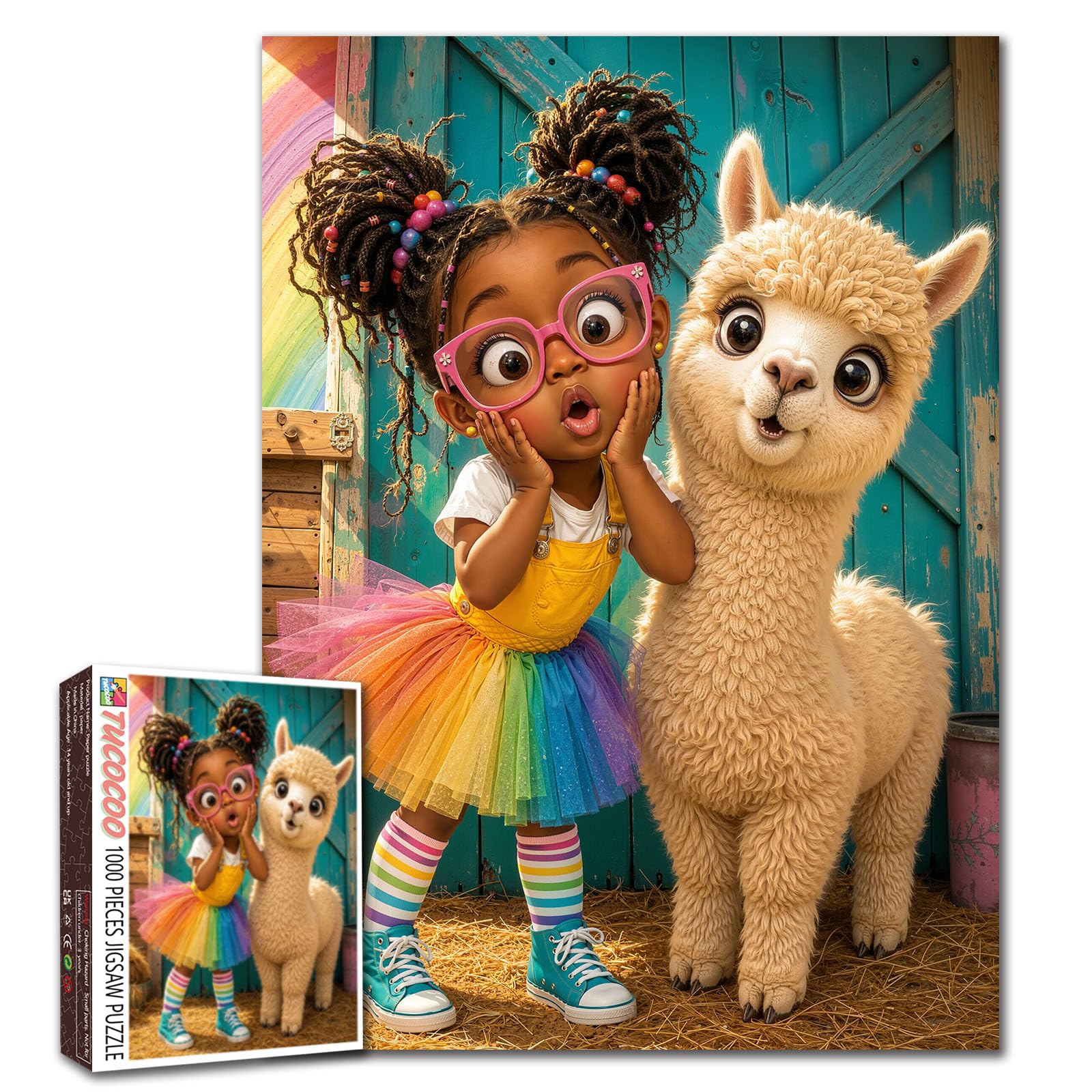American African Girl Alpaca Jigsaw Puzzles for Adults 1000 Pieces Barn Afro Girl DIY Puzzles for Family Activity Games Black Girls Art Jigsaw Puzzles African Wall Decor Gifts 19.7 x 27.6 Inch