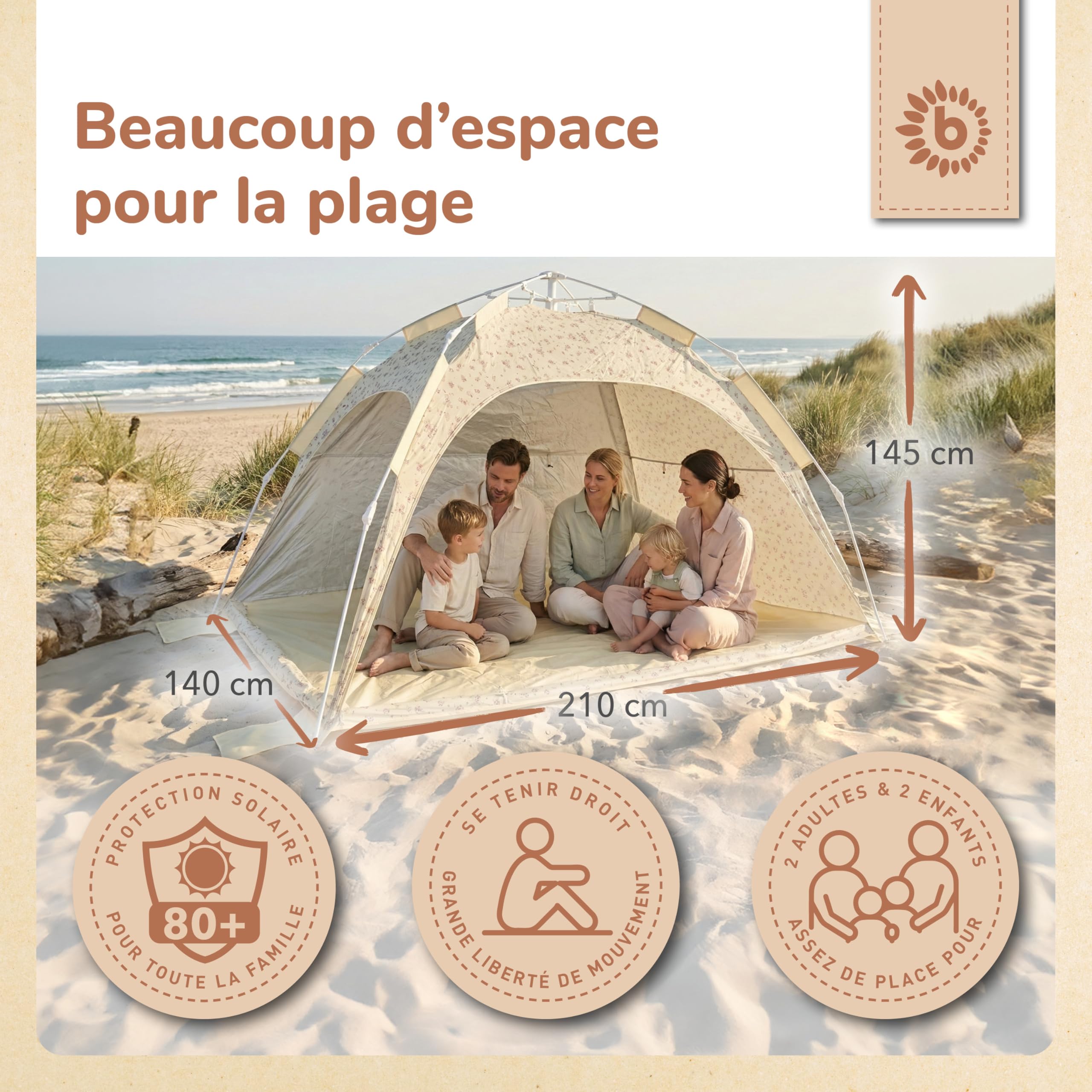 Bieco Tente de plage pop-up XXL - Tente de plage Quick-Up - Montage rapide avec protection UV 80+ - Protection solaire et pour bébé, enfants et famille - Tente automatique 3 à 4 personnes - Fleurs