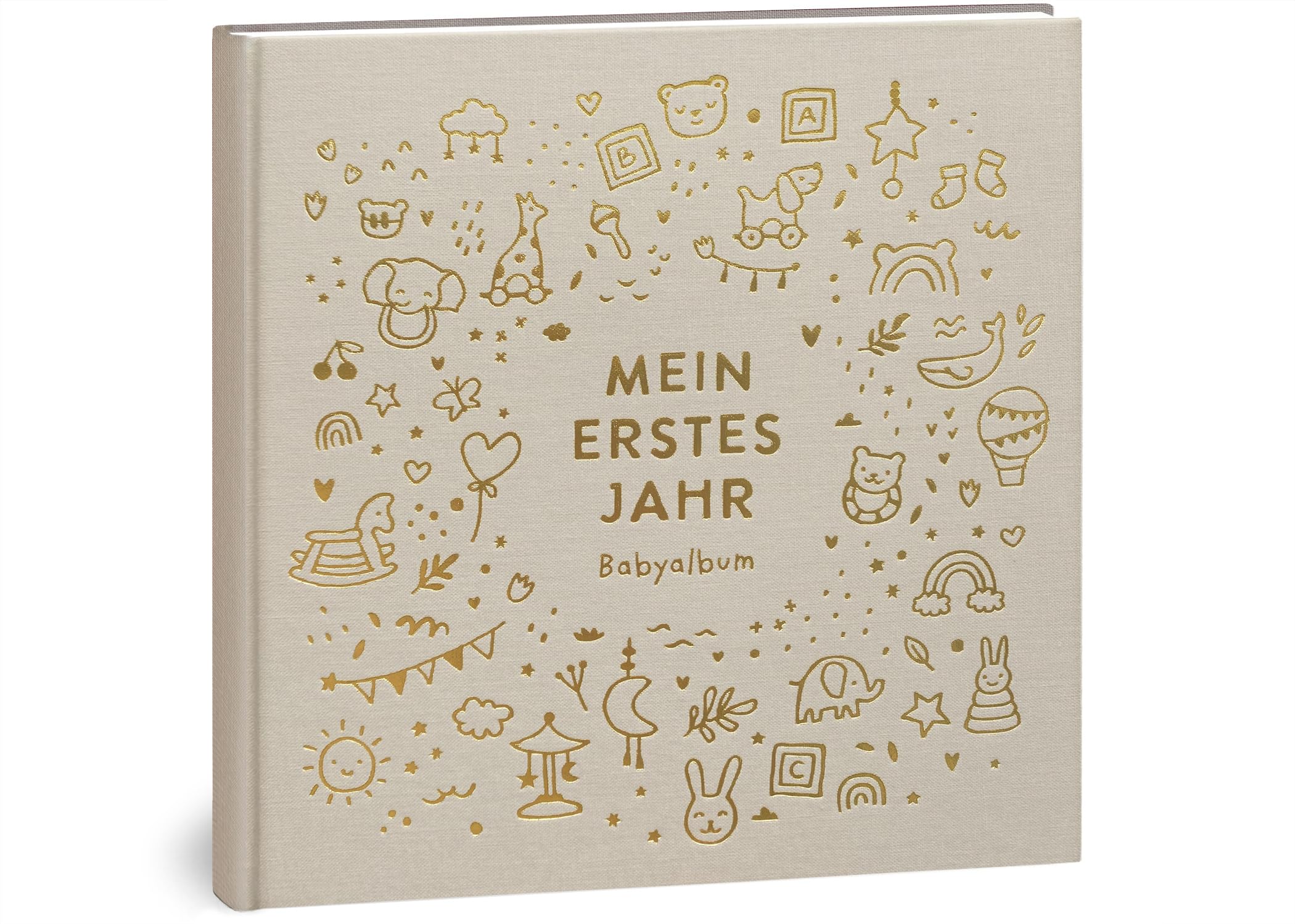 Mein erstes Jahr Babyalbum - Hochwertiges Leinenbuch mit Goldprägung für die schönsten Erinnerungen - Babybuch zum Eintragen für das erste Lebensjahr - Baby Geschenk zur Geburt (Spielzeug Natur)