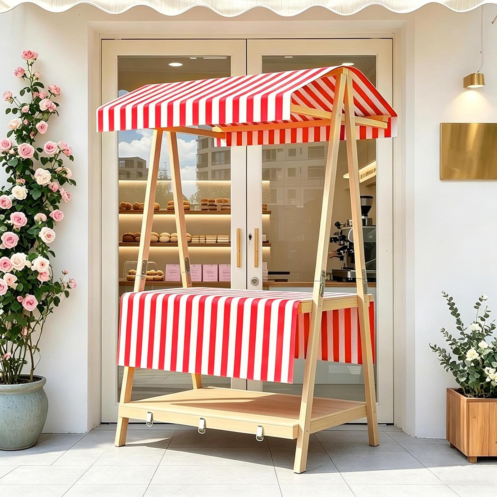 Puesto de Mercado con Toldo, Carrito de Alimentos Portátil, Carrito de Comida callejera de Madera, Carro de Venta Ambulante para Perritos Calientes/Salchichas/Pan,E,L106CM/41.7IN