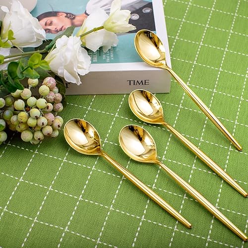 Miniatura 5 de U-QE 180 cucharas de plástico doradas, cucharas desechables de plástico resistente, cucharas de plástico pesadas, cubiertos de plástico dorado