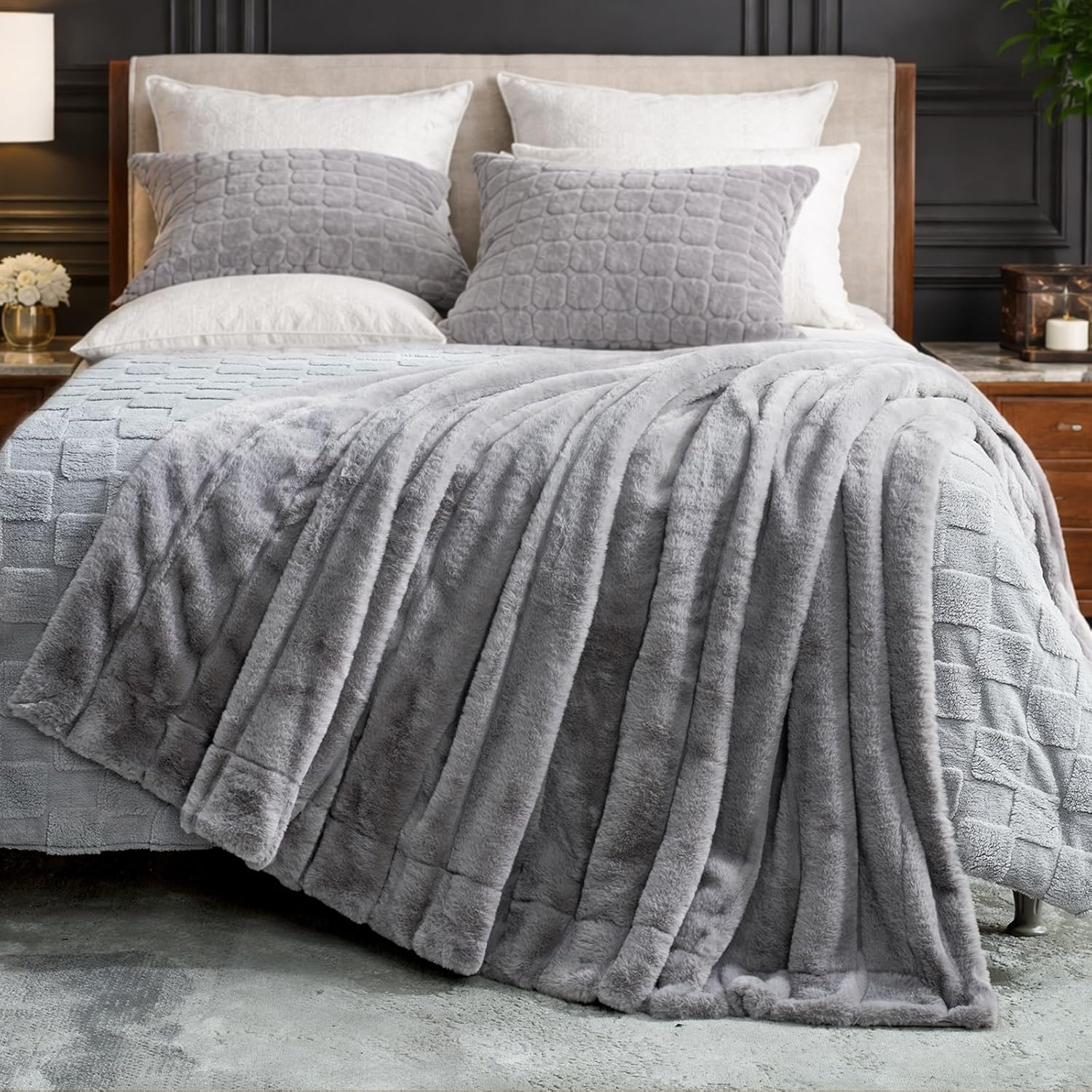 Cozy Bliss Deluxe Sheared Rabbit Faux Fur Throw Blanket, Soft Fuzzy High-Low Sculpted Plush Blanket for Couch, Cozy Home Accent, All Season Use, Grey 50"x60" - Image 8