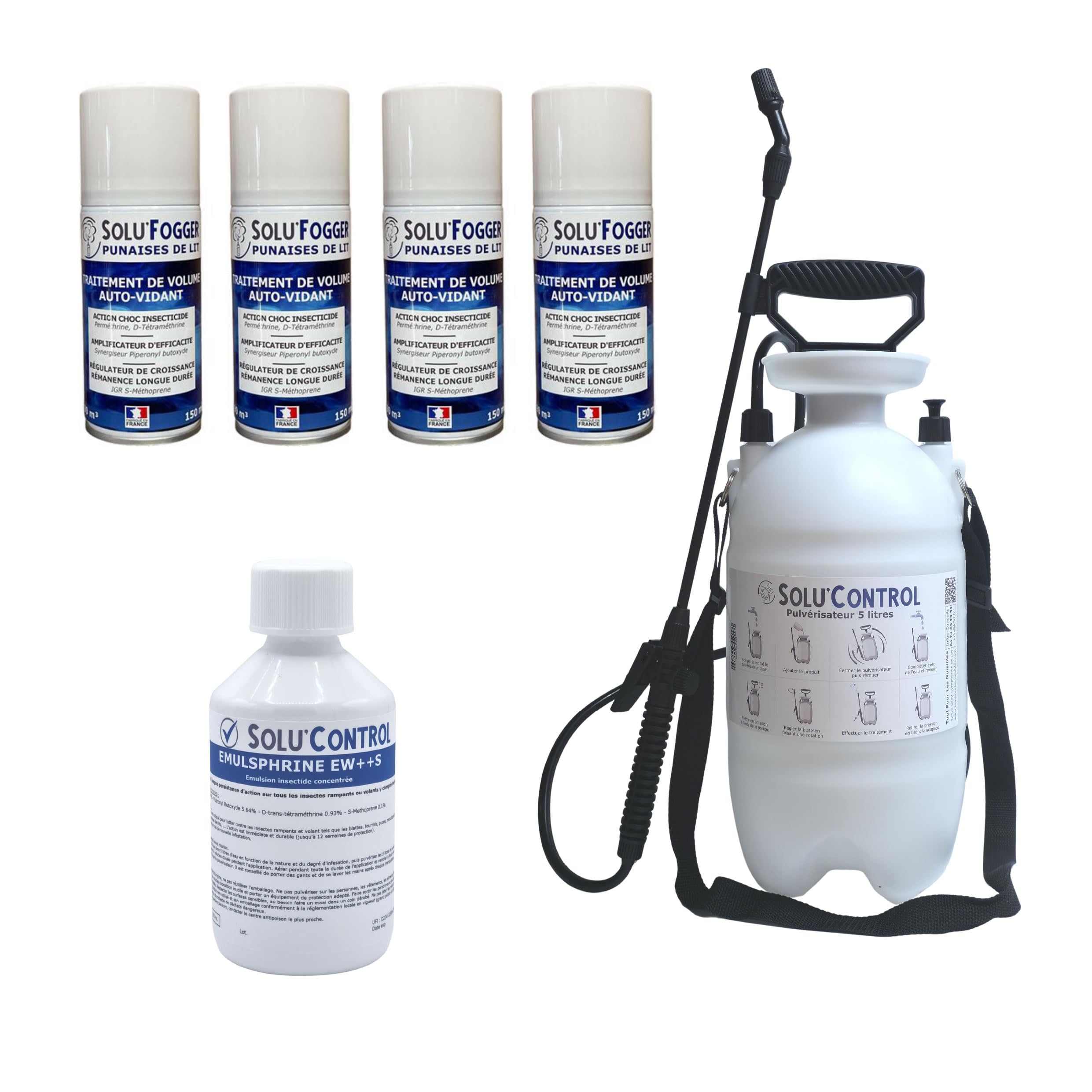 Kit de traitement Punaises de lit 100m² avec 1 Emulsphrine ew+s insecticide concentré, 4 one-shot Solu'Fogger, 1 pulverisateur 5 litres