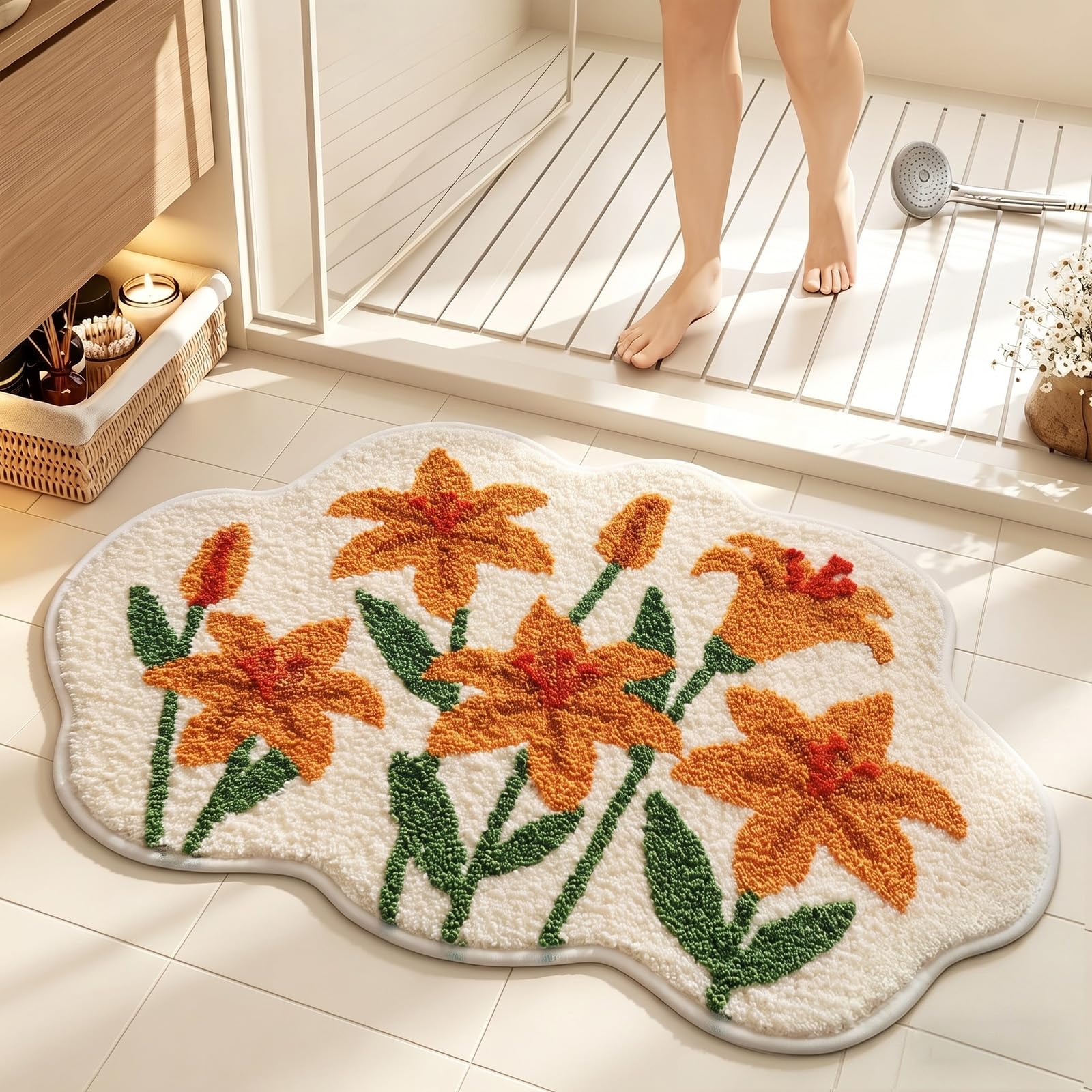 Cloud-Shaped Lily Bath Mat, Soft Non-Slip Fluffy Fresh Flowers Bathroom Rug, Ultra Absorbent Microfiber Shaggy Door Mat, Machine Washable Bath Rug Carpet for Bathtub Bedroom 20x31in (Lily-Orange) — image 1