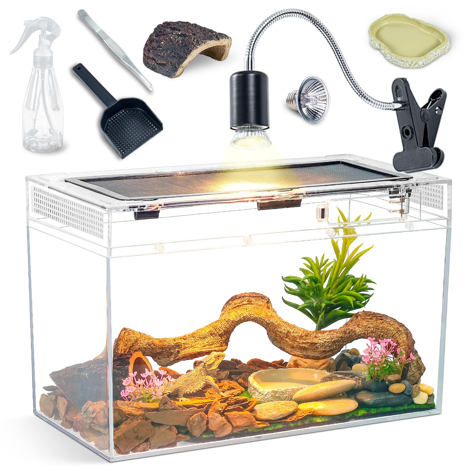 16×10×8'' Reptile Tank Kit with Heat Lamp, Spray Bottle, Shovel, Tweezers, Food Bowl, Hideout -Perfect for Geckos, Bearded Dragons, Snakes, Lizards, Turtles 360° Viewing, PC Glass