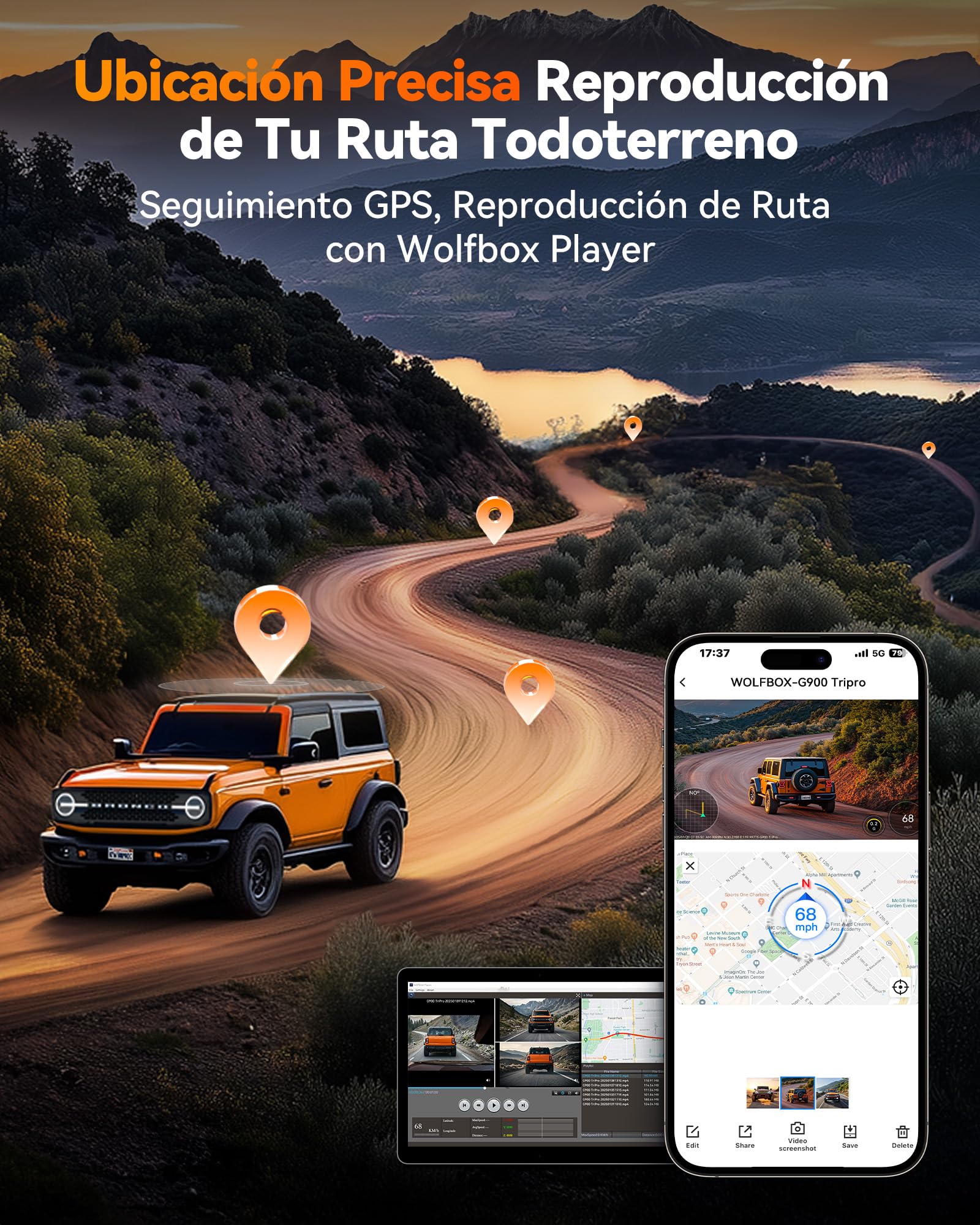 WOLFBOX G900 Tripro Parachoques 3 Canales 4K Espejo de cámara trasera STARVIS 2 IMX678, 4K+2.5K+1080P dashcam coche delantero trasero para parachoques, 5.8 GHz WiFi, control por voz, tarjeta de 256 GB