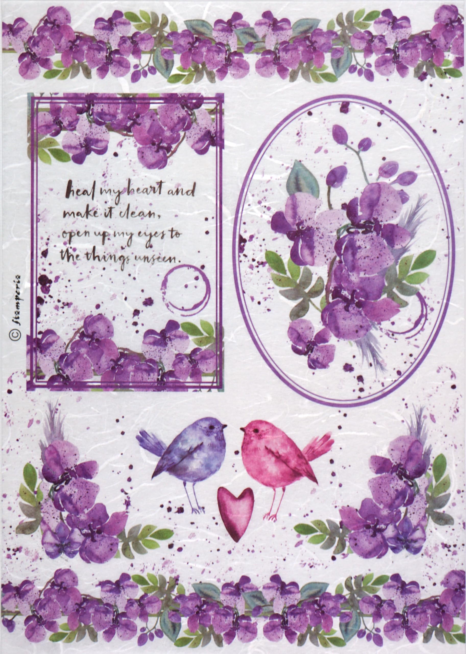 Stamperia Various A4 Rice Paper For Decoupage - Purple Floral And Birds Design Dfsa4216