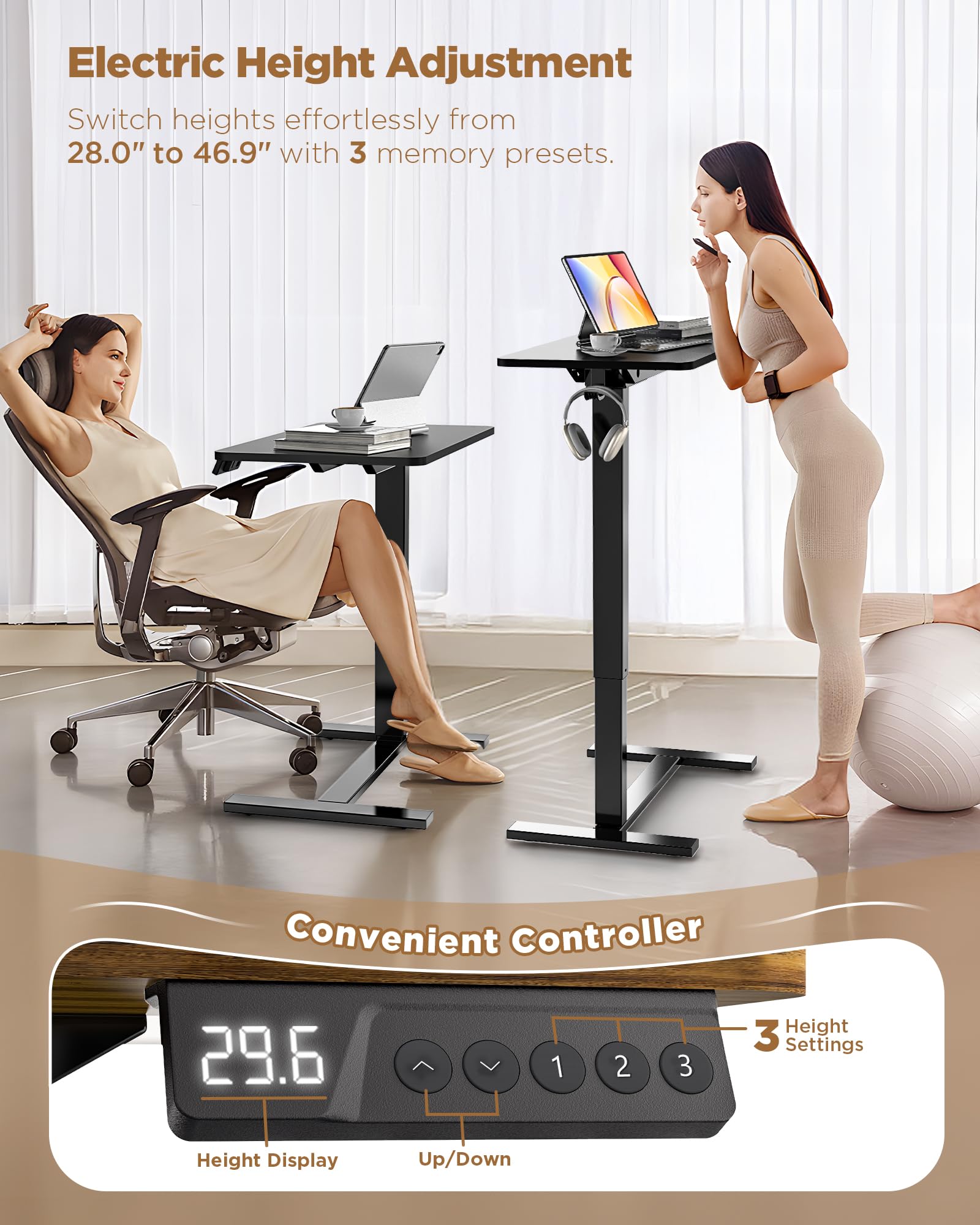 Overbed Bedside Table with Wheels Electric Standing Desk Adjustable Height Small Computer Desk for Home Office Rolling Laptop — view 5