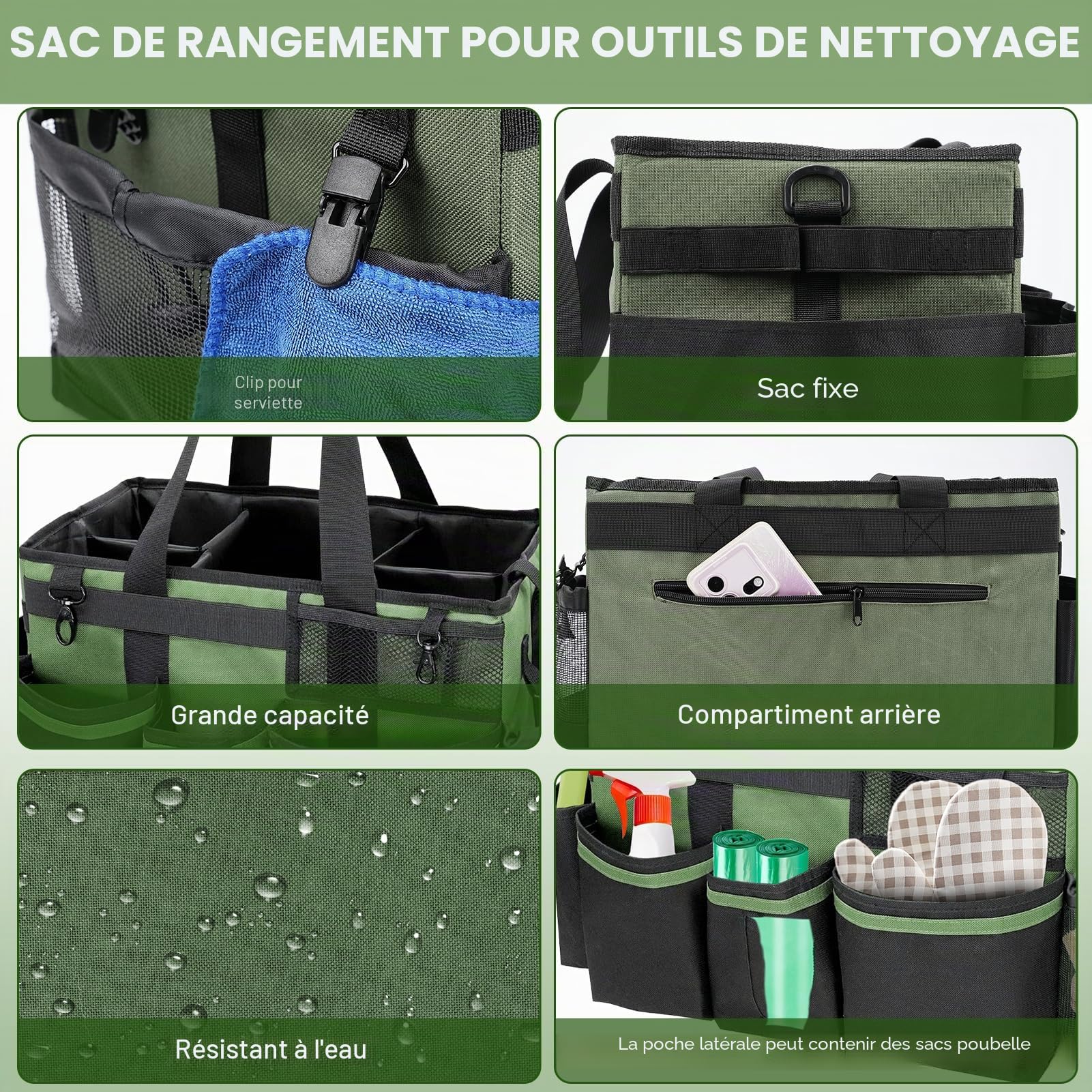 Sac de nettoyage portable en tissu Oxford déperlant avec bandoulière réglable et plaque de fond renforcée – Organiseur de fournitures à séparateurs amovibles pour femme de ménage et nettoyeurs