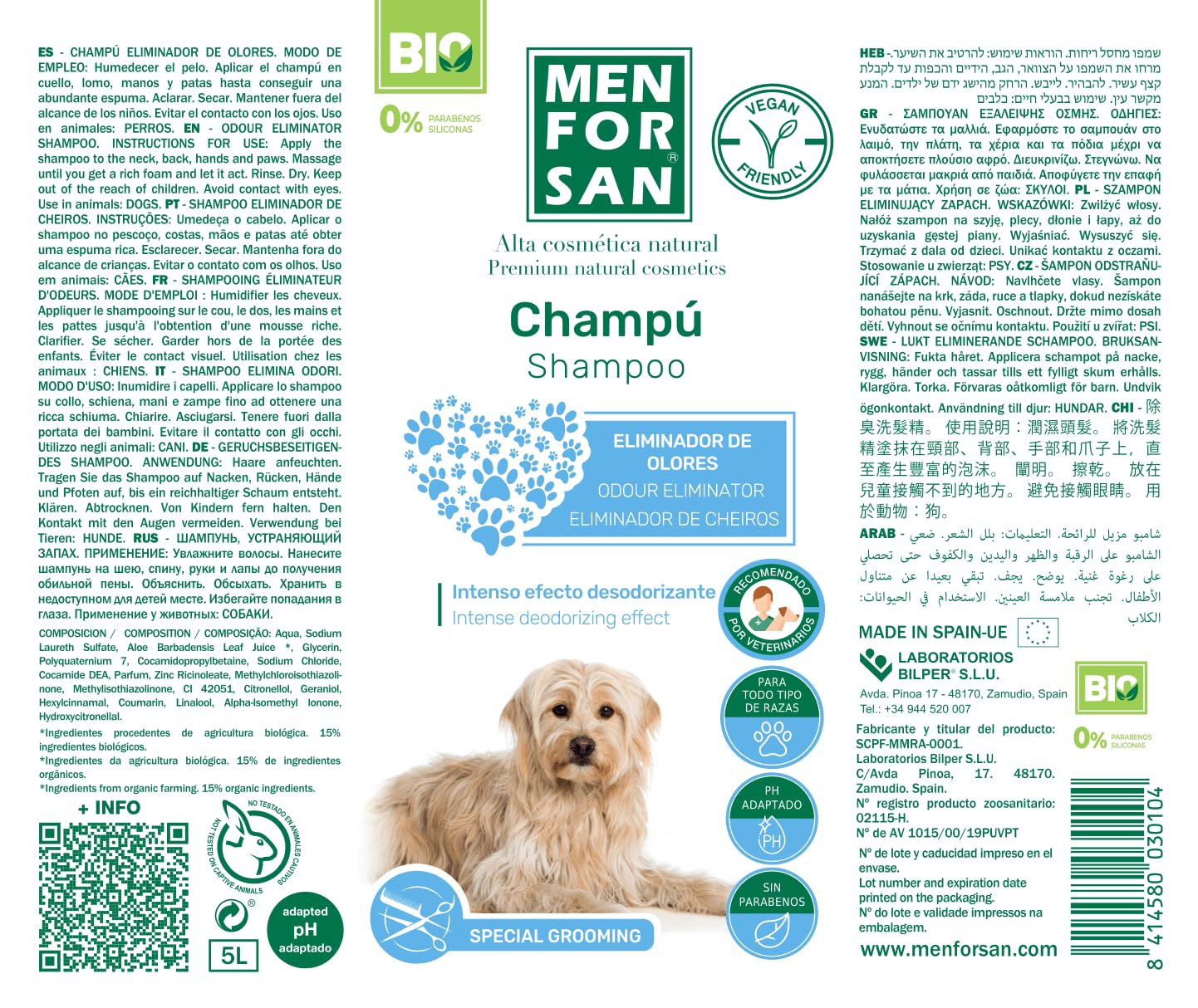 Menforsan Odour Eliminating Shampoo per Cani, 5L, Elimina i Cattivi Odori dal Pelo